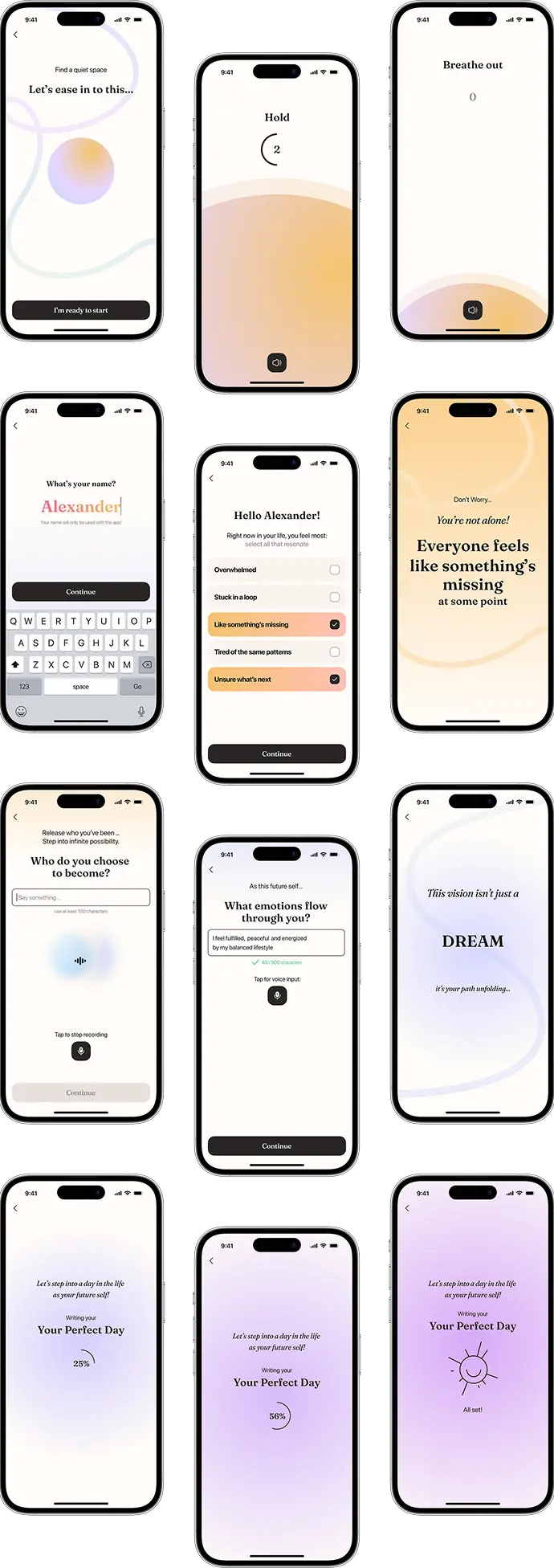 Phone screens walking through app onboarding in the habit tracker.