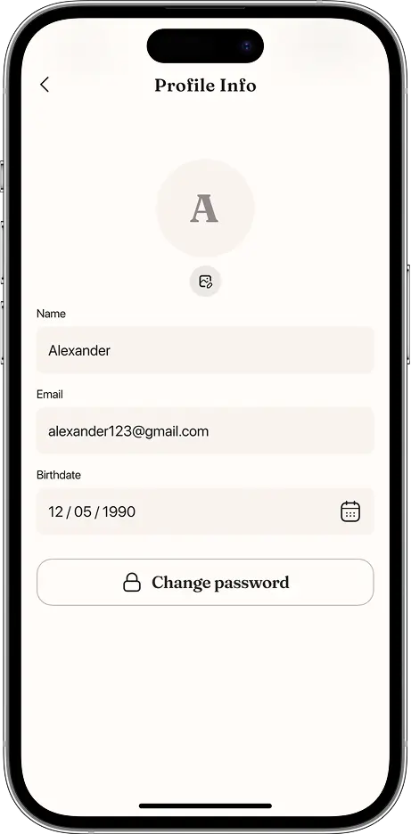 Profile info screen with editable name, email and birthdate fields.