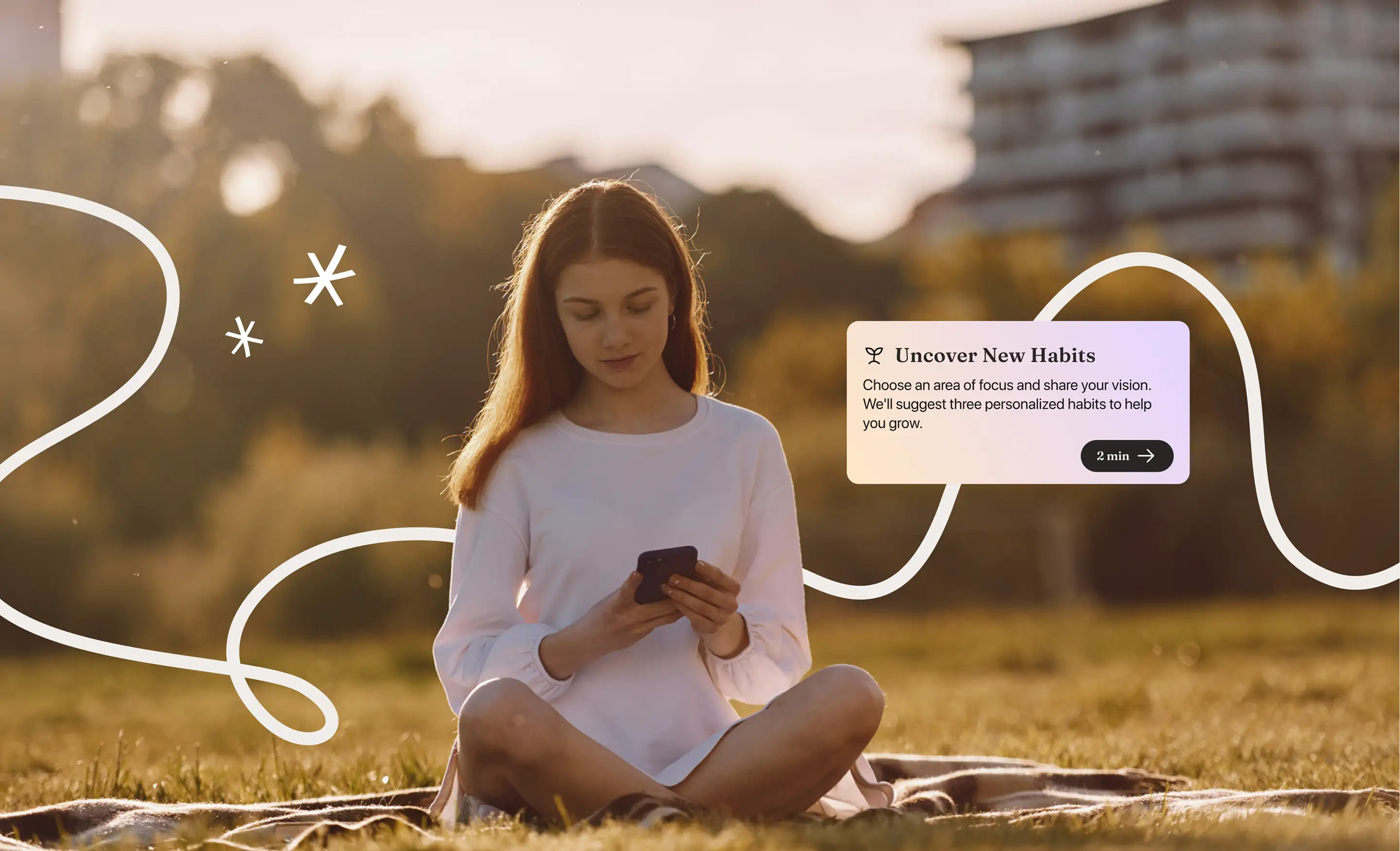 Woman sitting outdoors using her phone with the habit app.