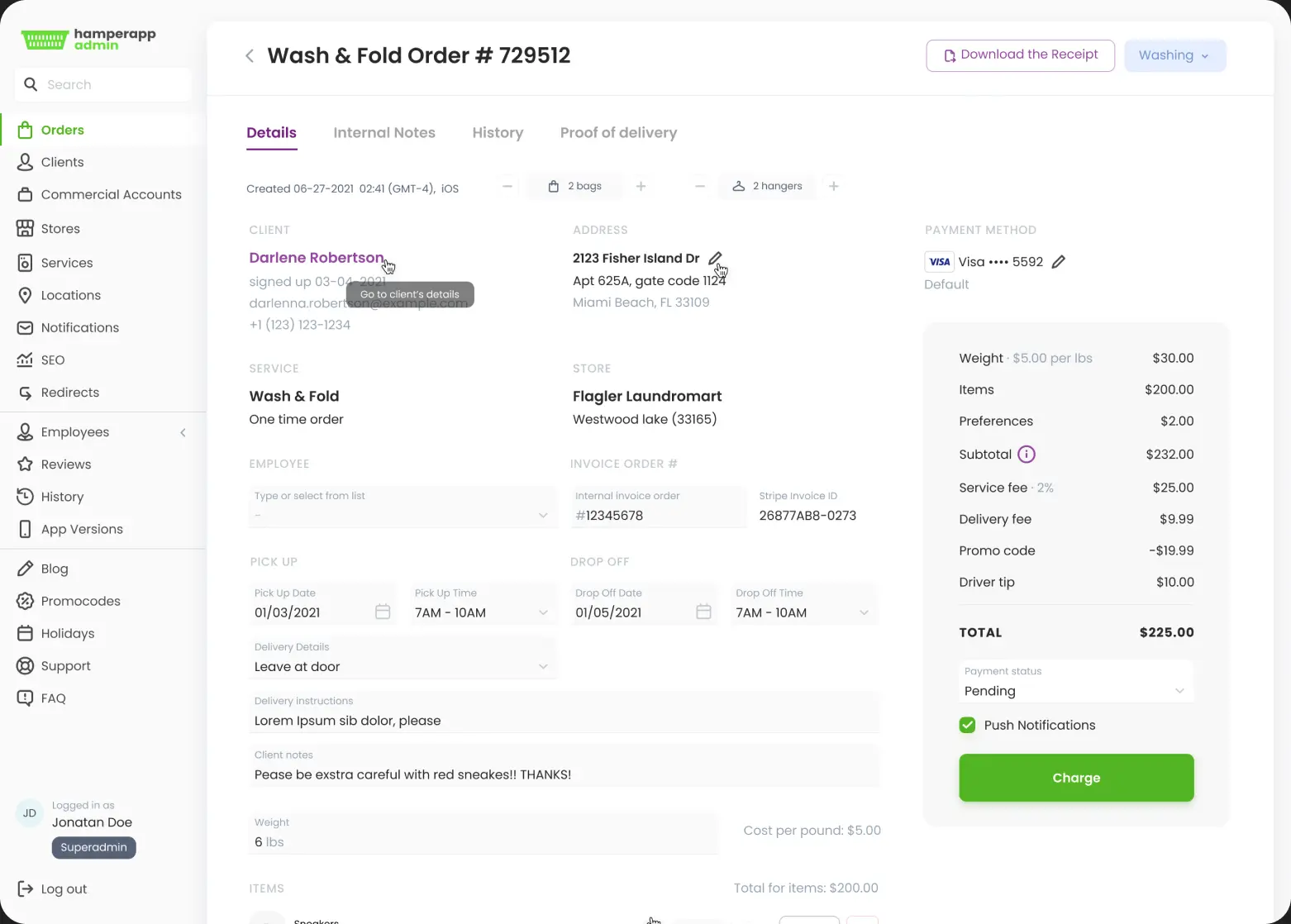 Web admin dashboard showing a Wash and Fold order detail view.