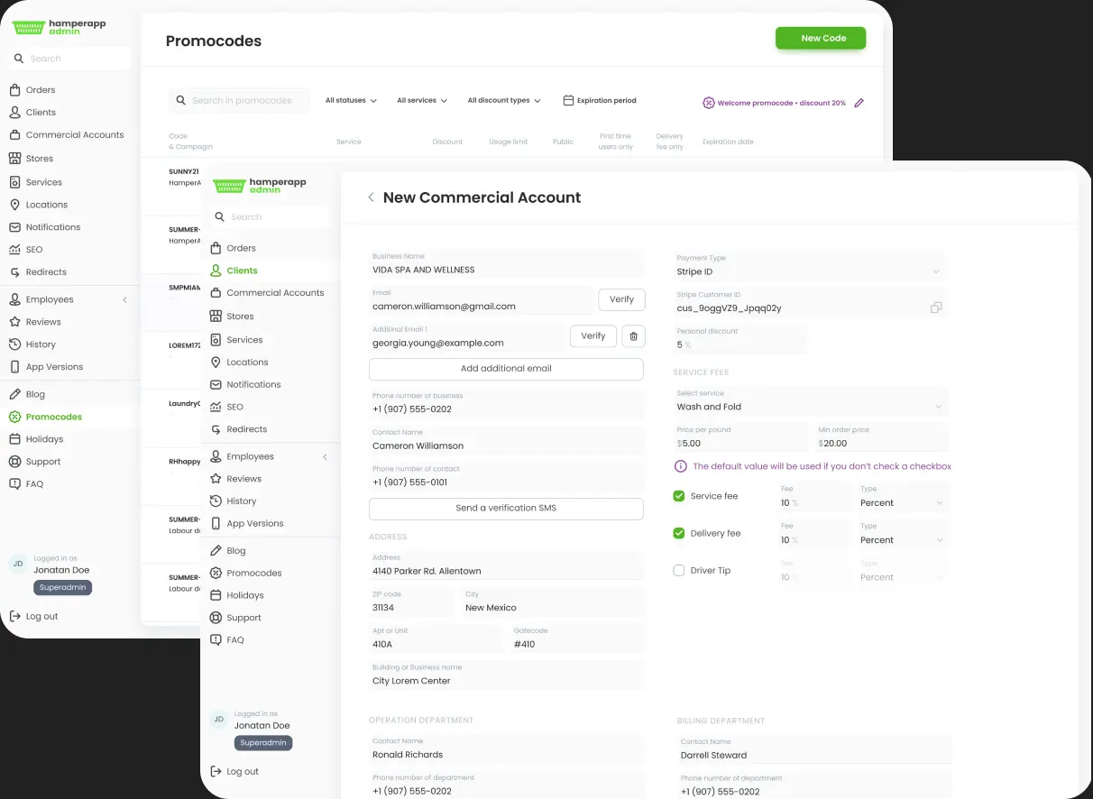 Web admin panel form for creating a new commercial laundry account.