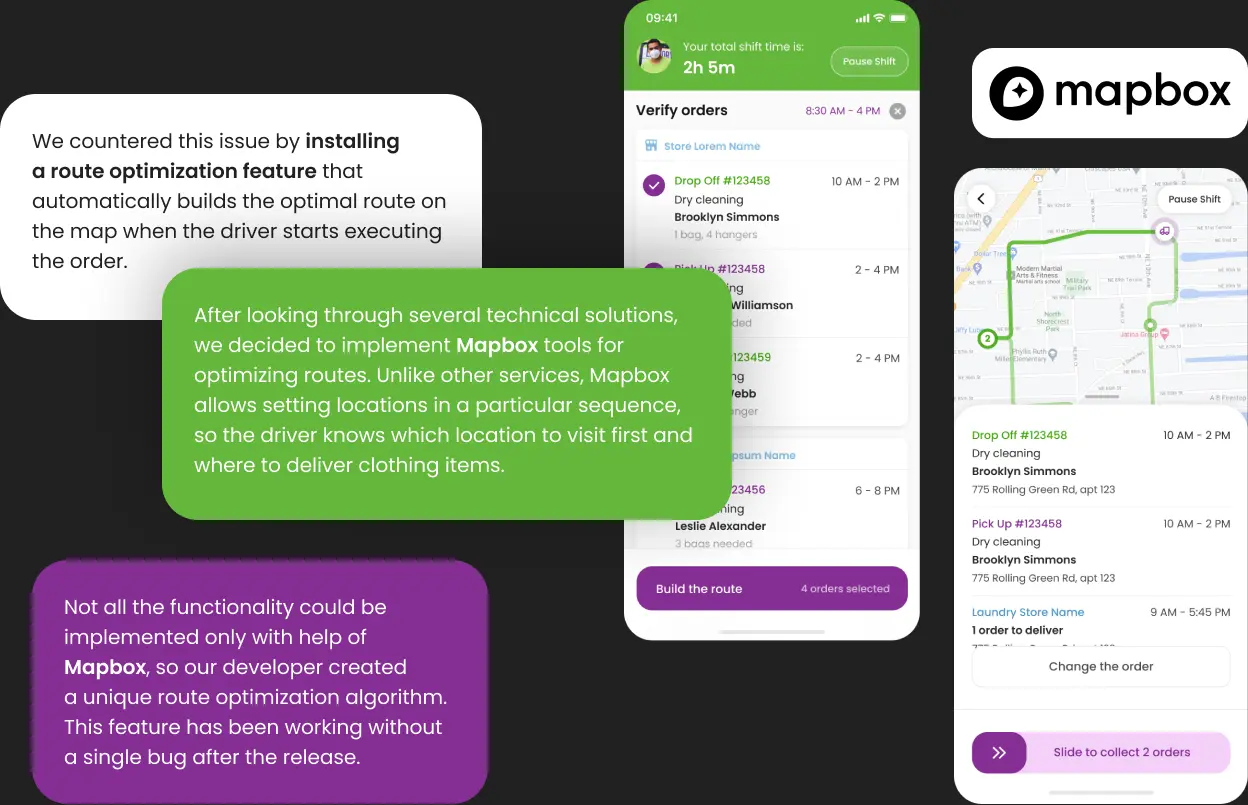 Phone mockups demonstrating the driver route optimisation feature.