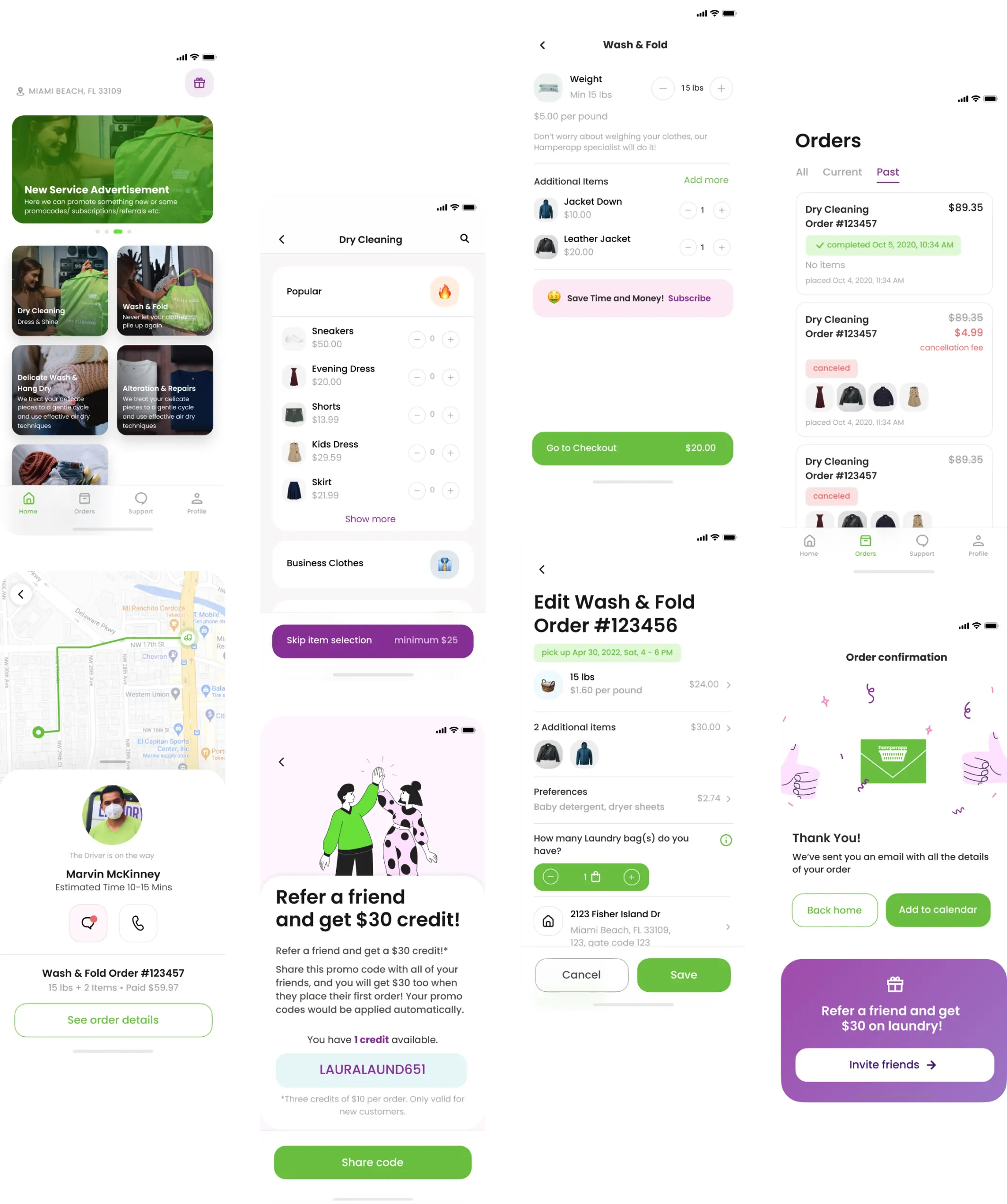 Mobile app screens for browsing services and placing a laundry order.