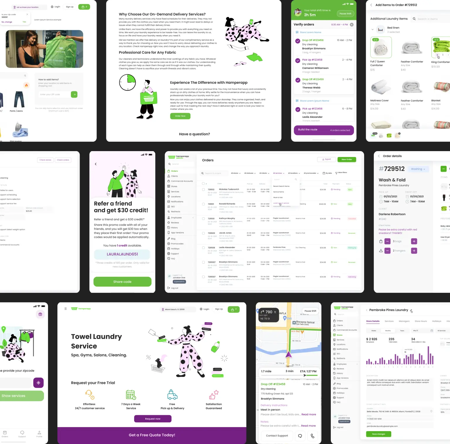 Collage of finished app and dashboard screens from the laundry project.