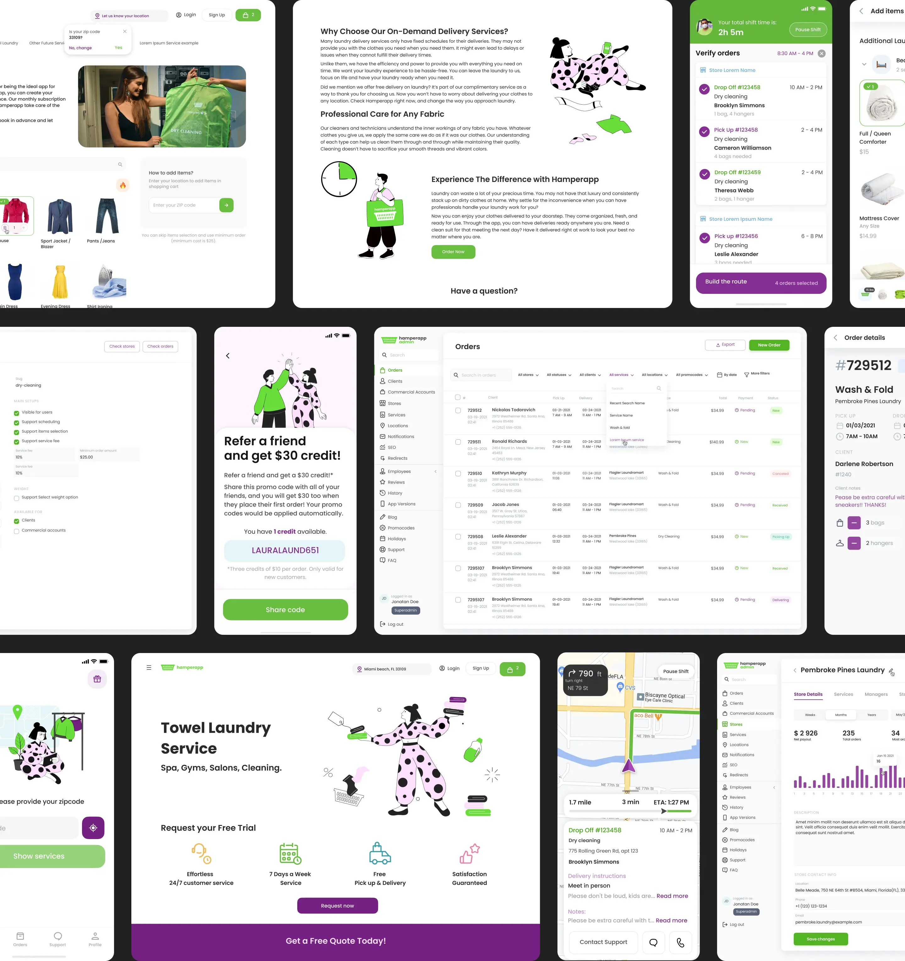Collage of finished app and dashboard screens from the laundry project.