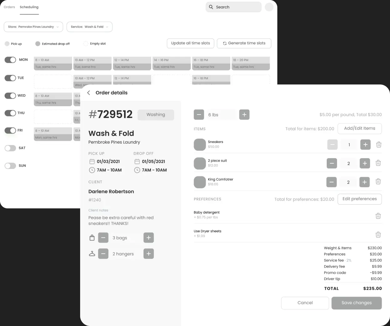 Admin dashboard screens with order tables and management forms.