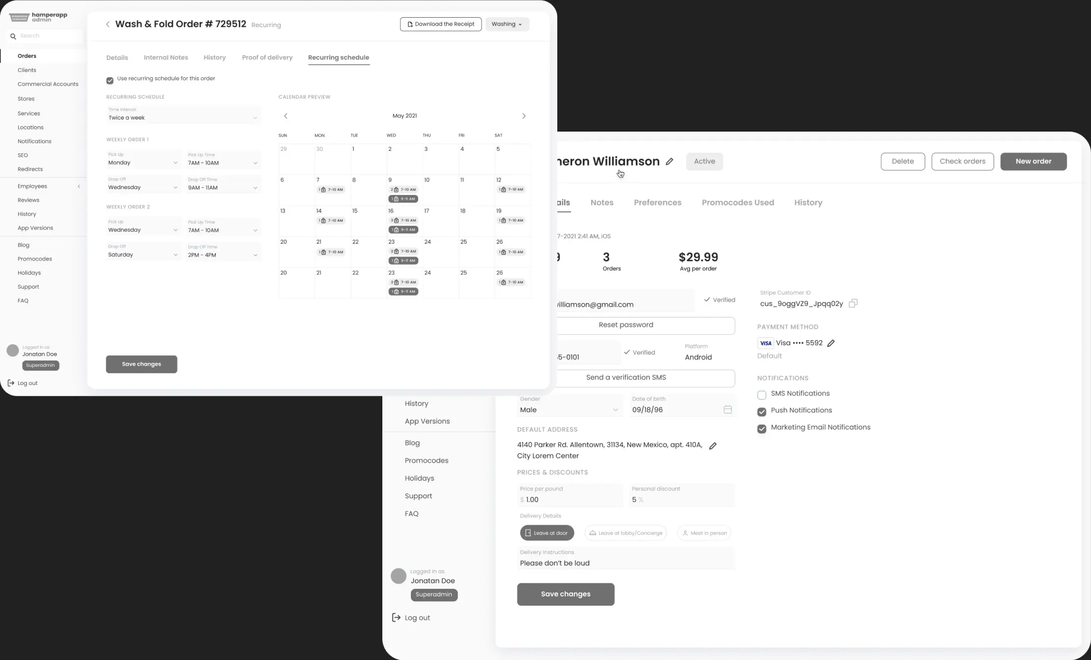 Admin dashboard screens with order tables and management forms.