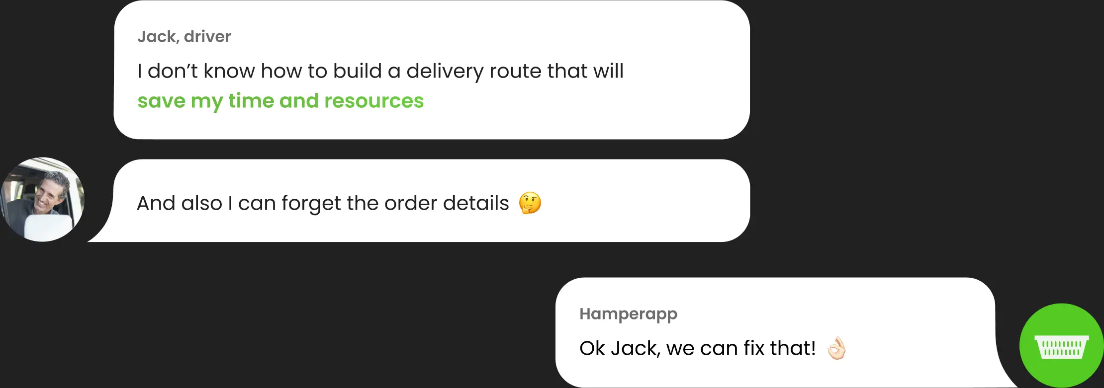 In-app chat where a driver asks for help building a delivery route.