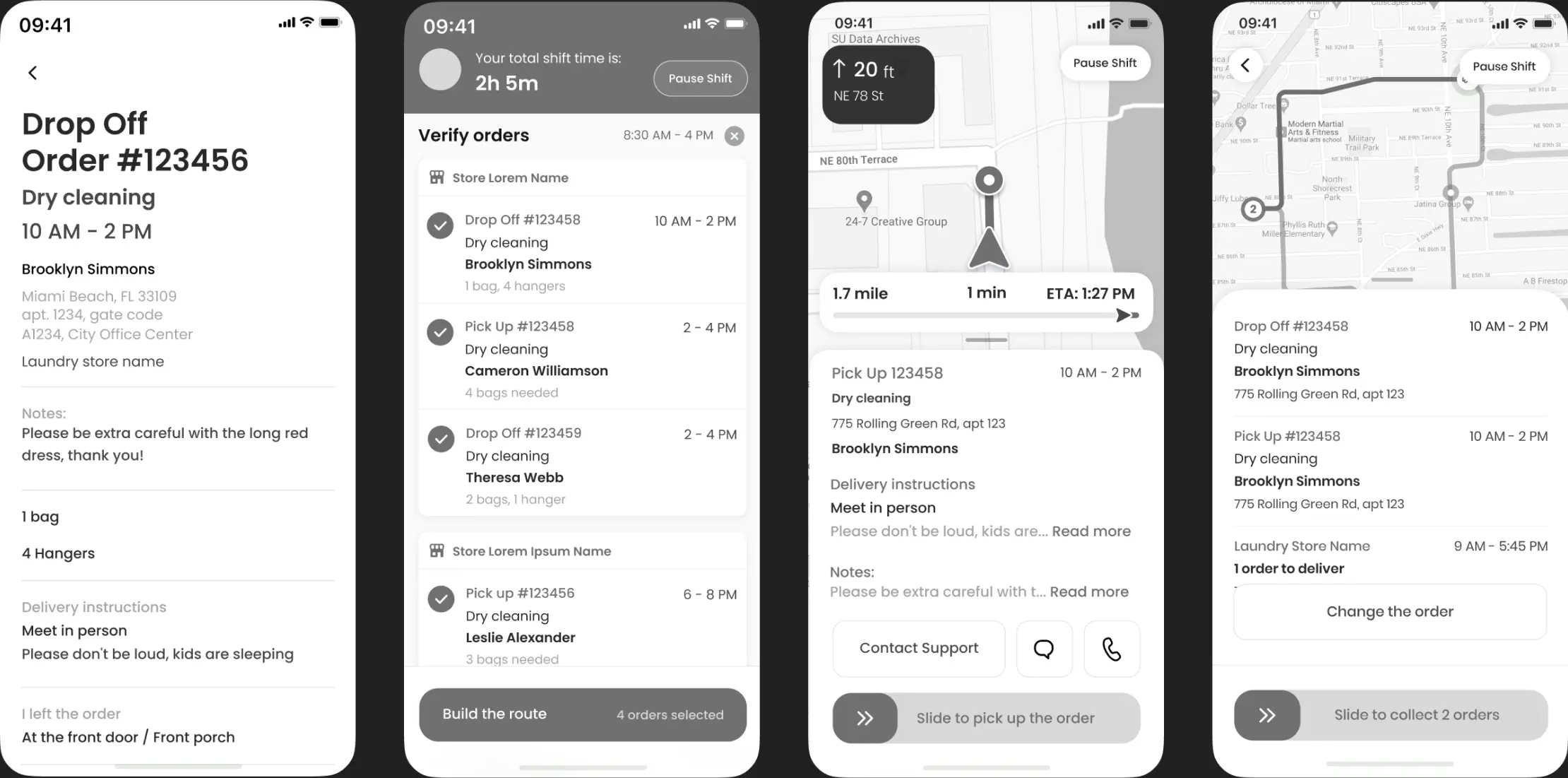 App screens showing a drop-off order, order list and delivery map.