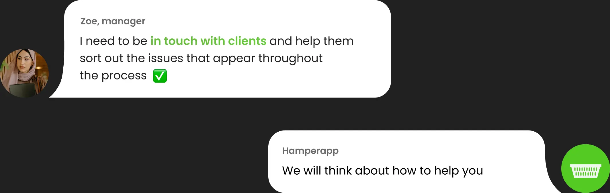 In-app chat where a manager asks to stay in touch with clients.