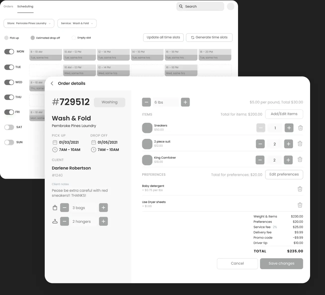 Admin dashboard screens for managing a Wash and Fold order.