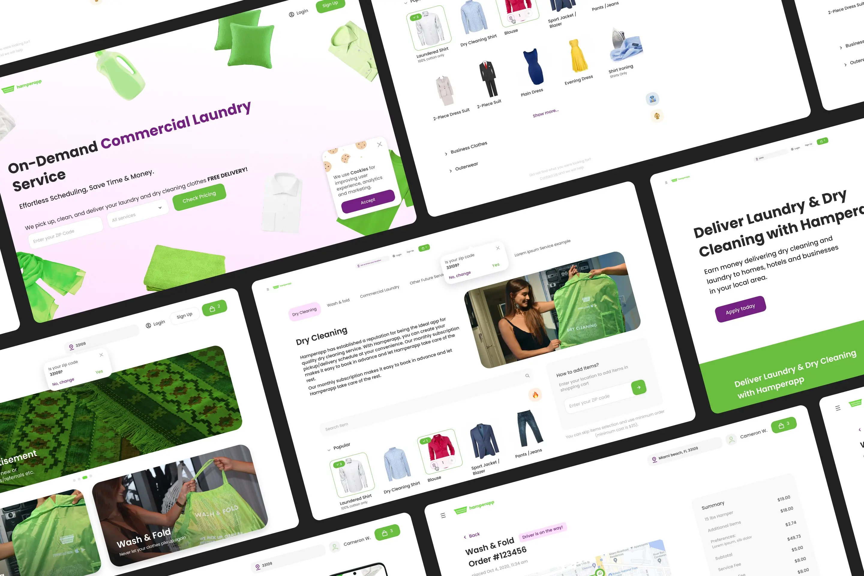 Collage of mobile interface screens designed for the laundry app.