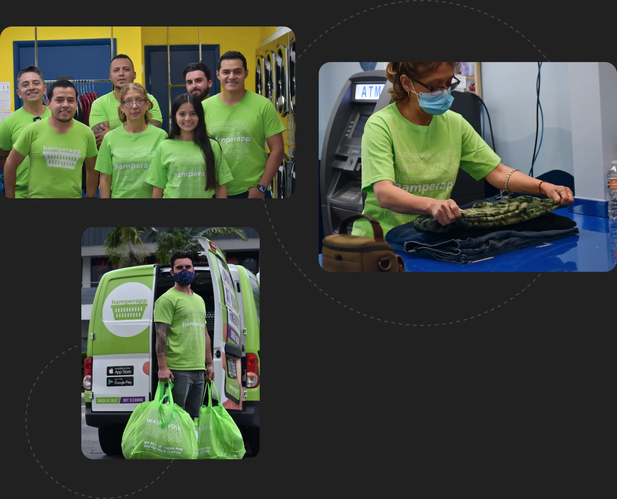 Photos of the project team wearing matching green branded shirts.