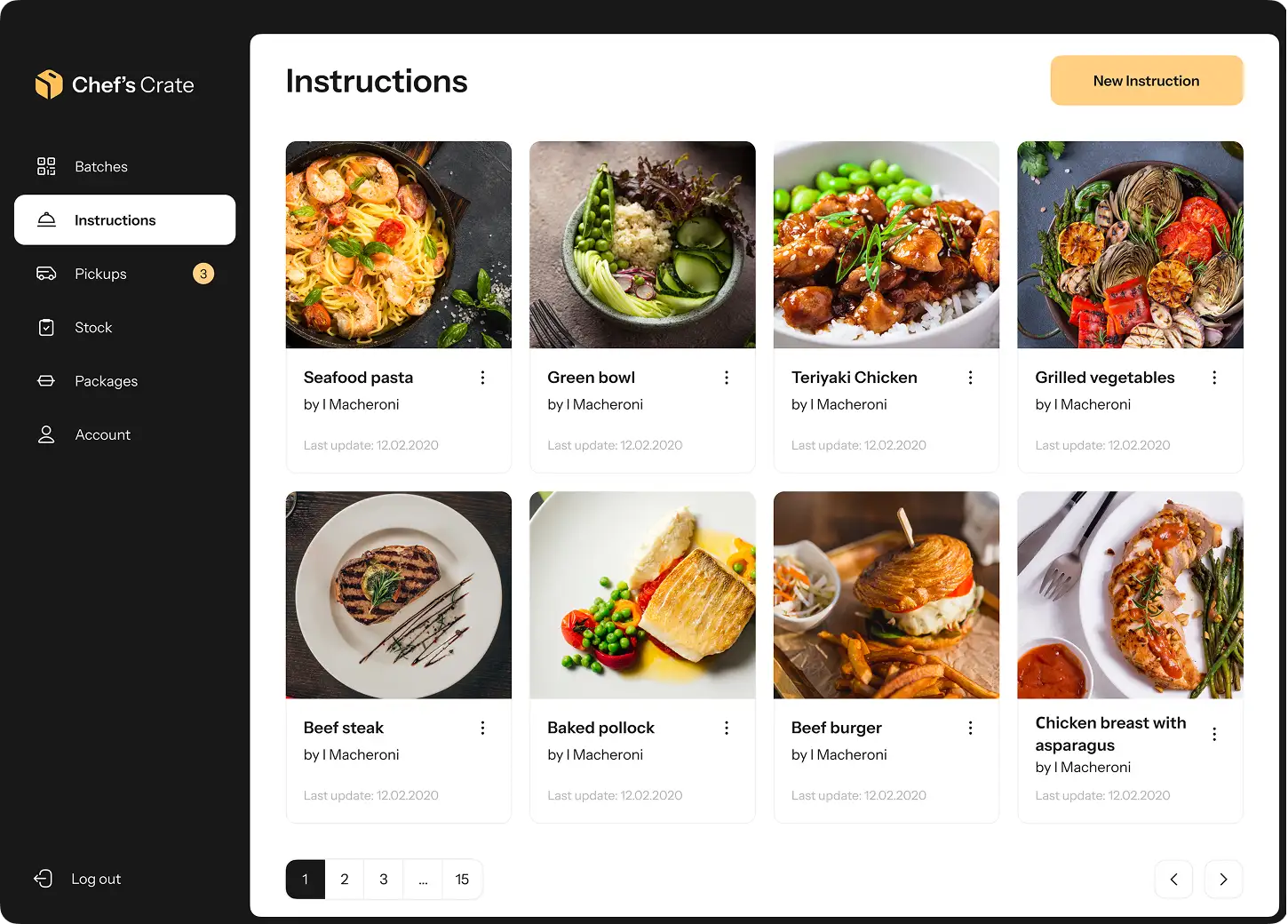Chef's Crate Instructions screen with a grid of meal cards showing photos and authors.