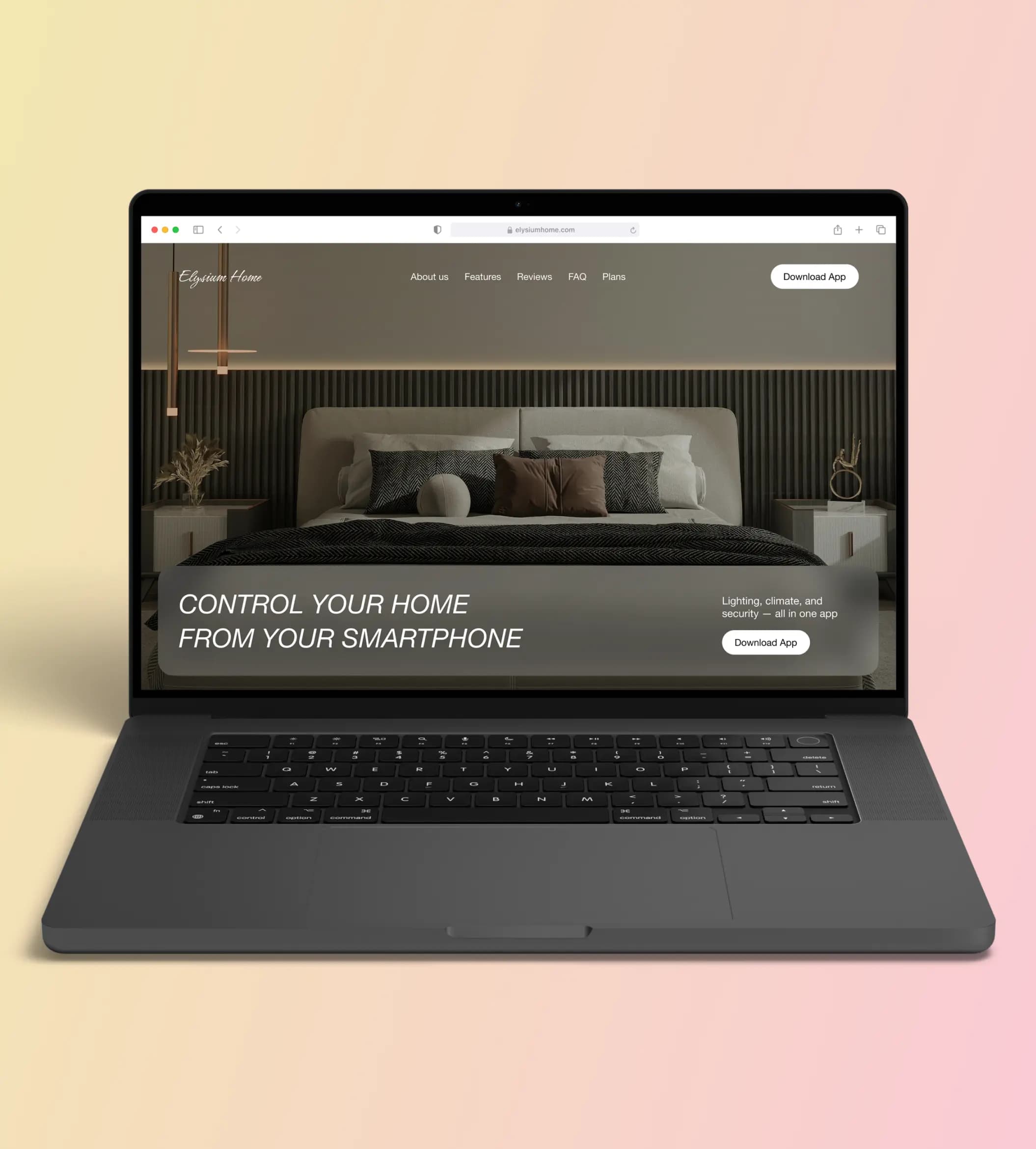 Laptop showing the smart-home superapp landing page on a pink backdrop.