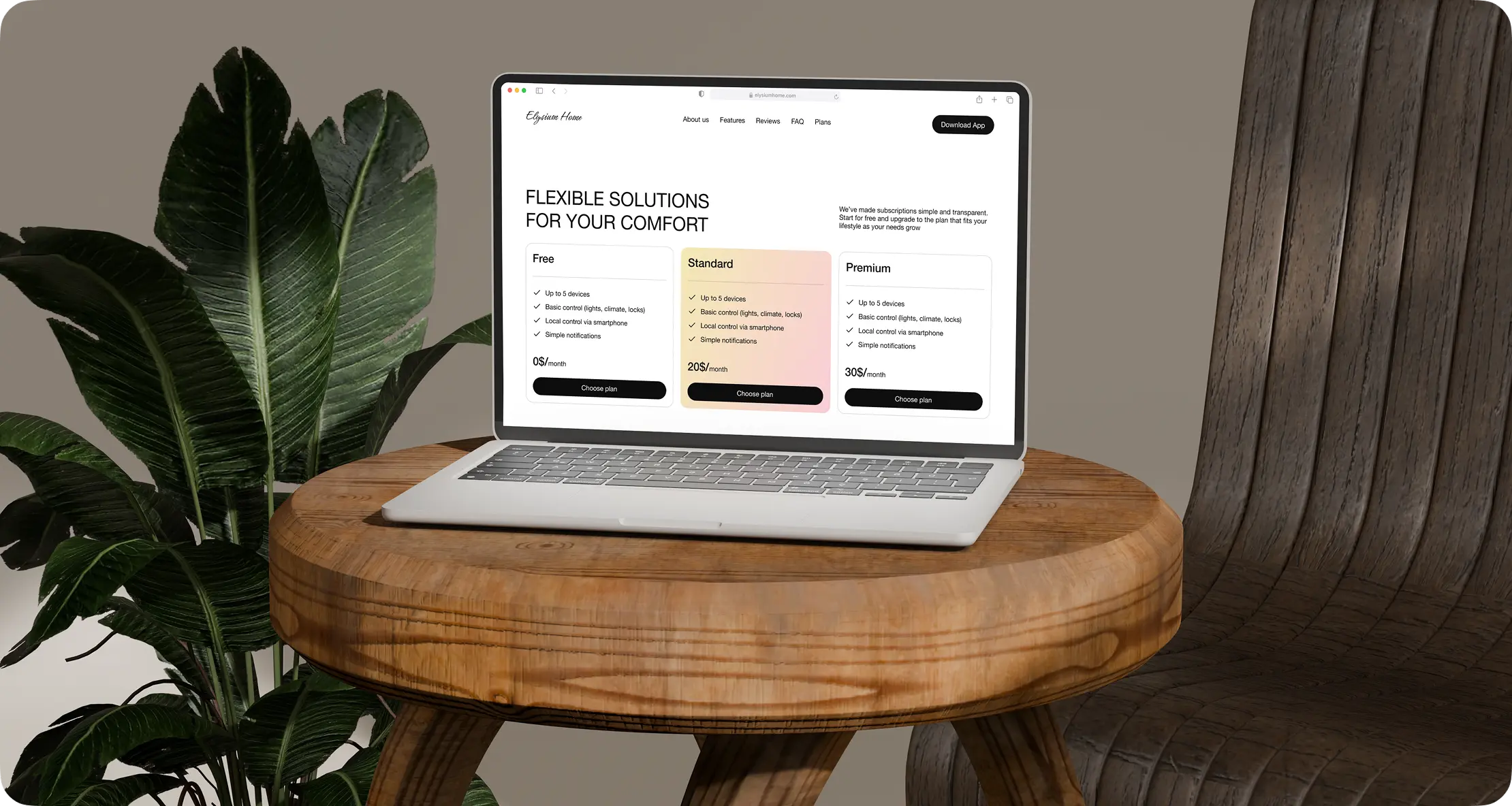 Laptop on a wooden stand by a plant showing the smart-home landing page.