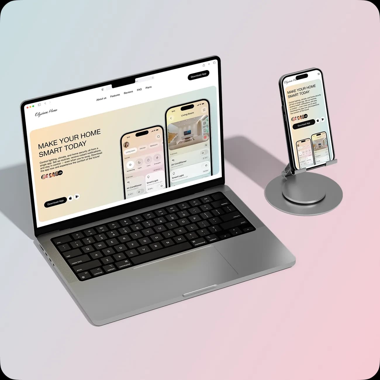 Laptop and phone on pink showing the smart-home website and app layouts.