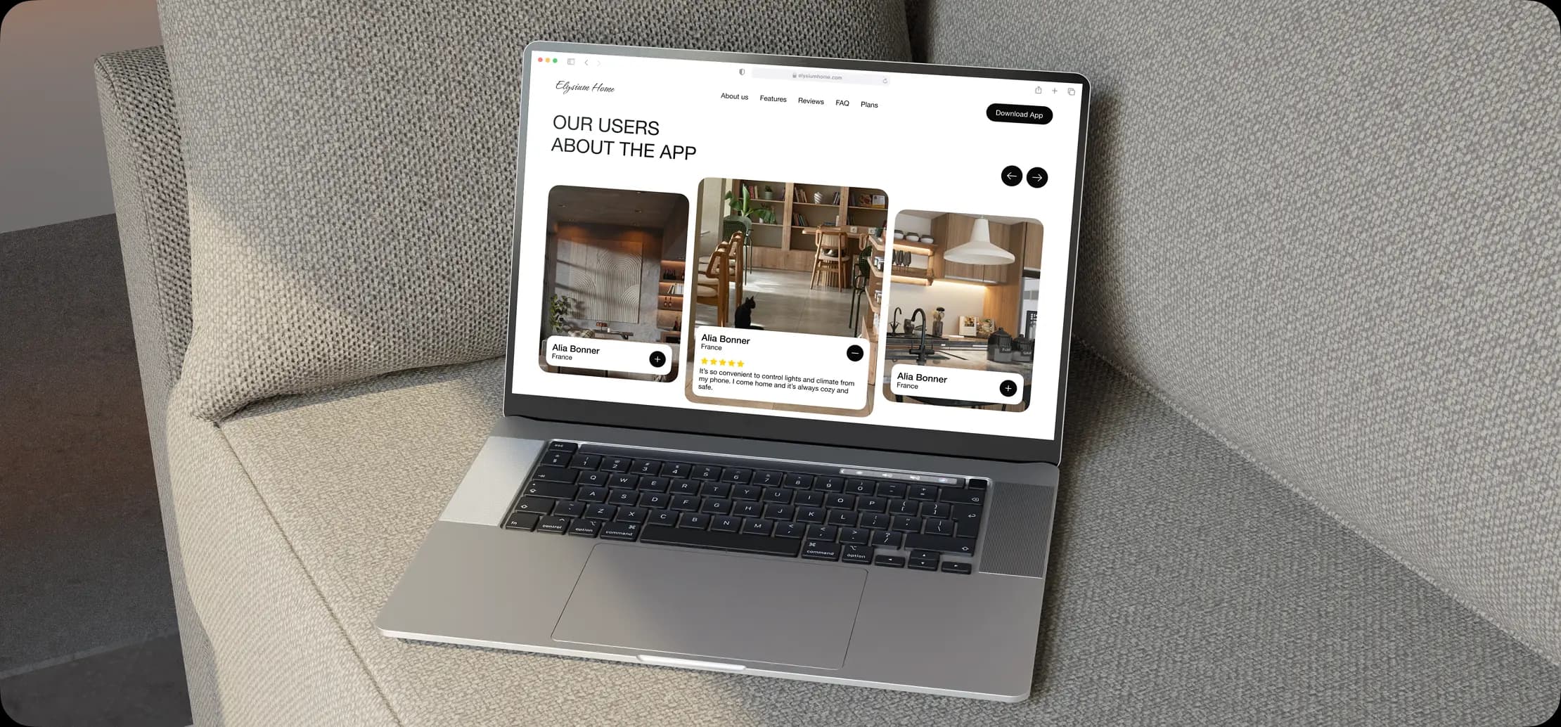 Tablet on a sofa displaying the smart-home landing page.
