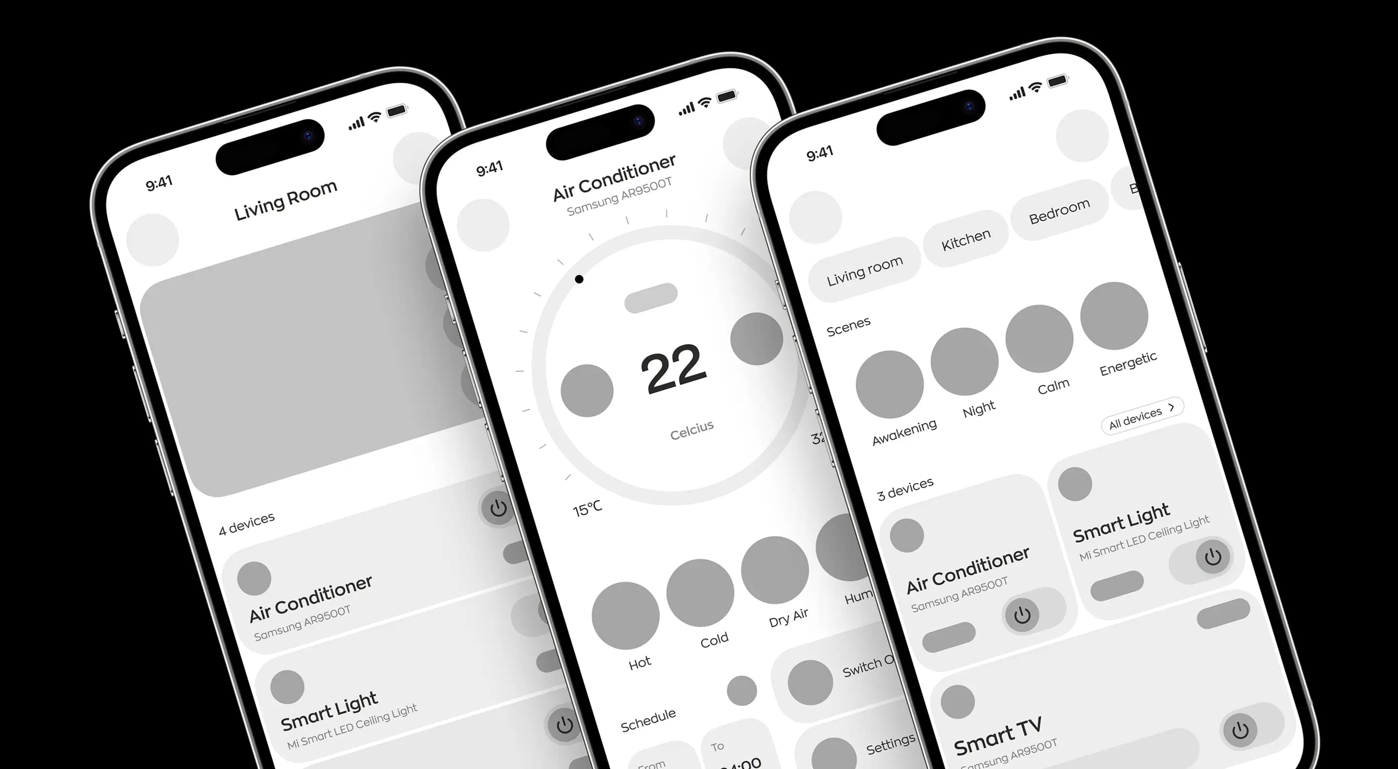 Mobile app wireframe screens for the smart-home superapp.