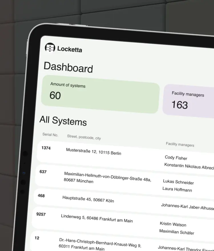 Tablet showing the locker admin dashboard with system stats and an overview table.
