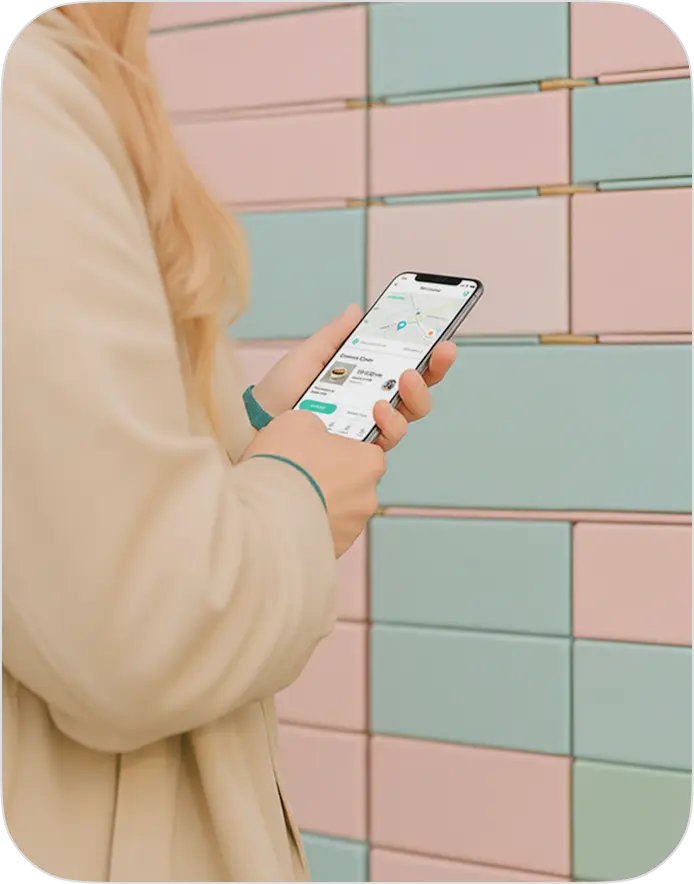 Person using a phone beside a wall of pastel parcel lockers.
