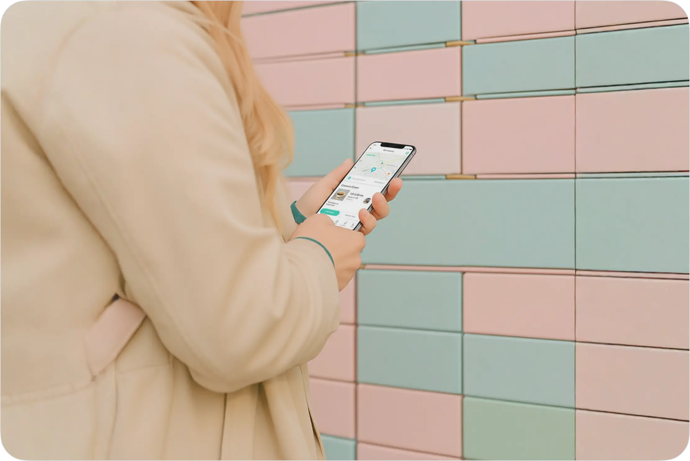 Person using a phone beside a wall of pastel parcel lockers.