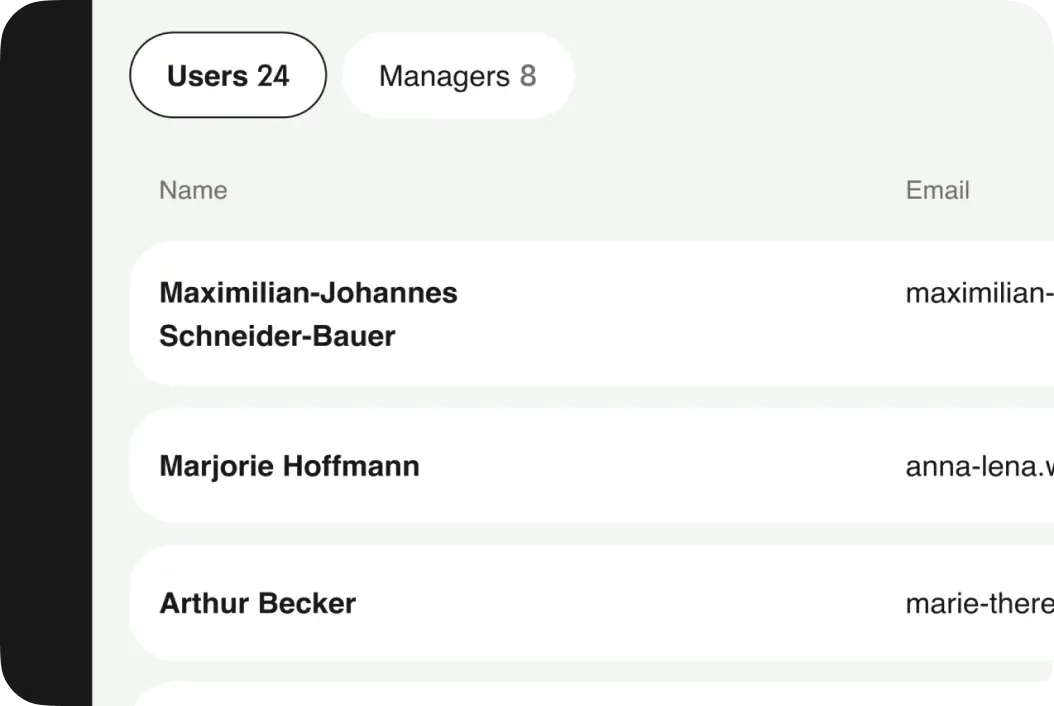 Admin user table with Users and Managers tabs, listing names and email addresses.