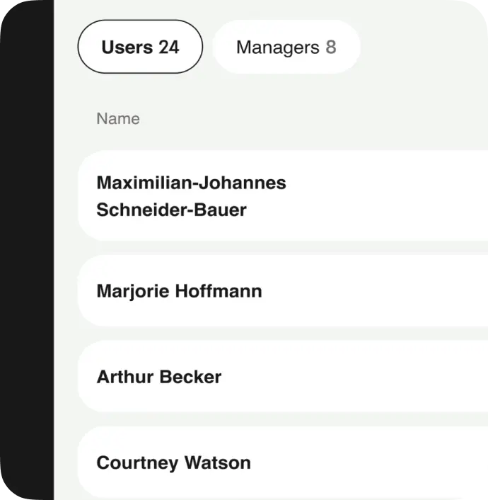 Admin user table with Users and Managers tabs, listing names and email addresses.