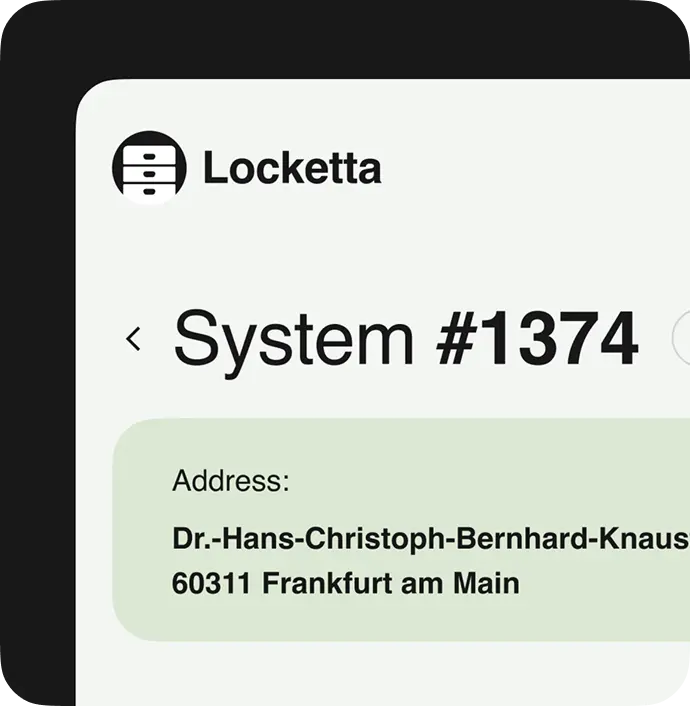 Admin screen header for locker System #1374 with the location address card.