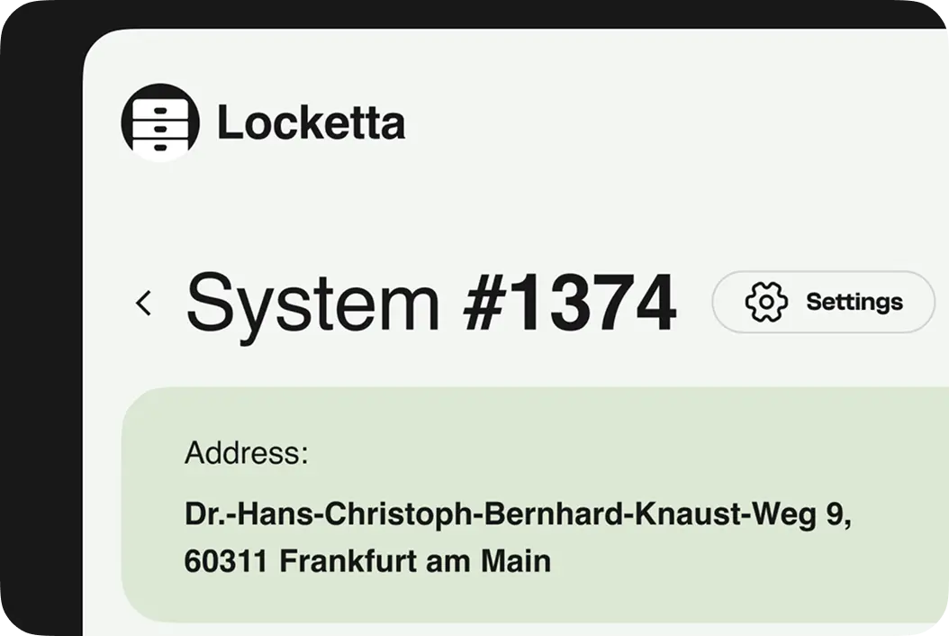 Admin screen header for locker System #1374 with the location address card.