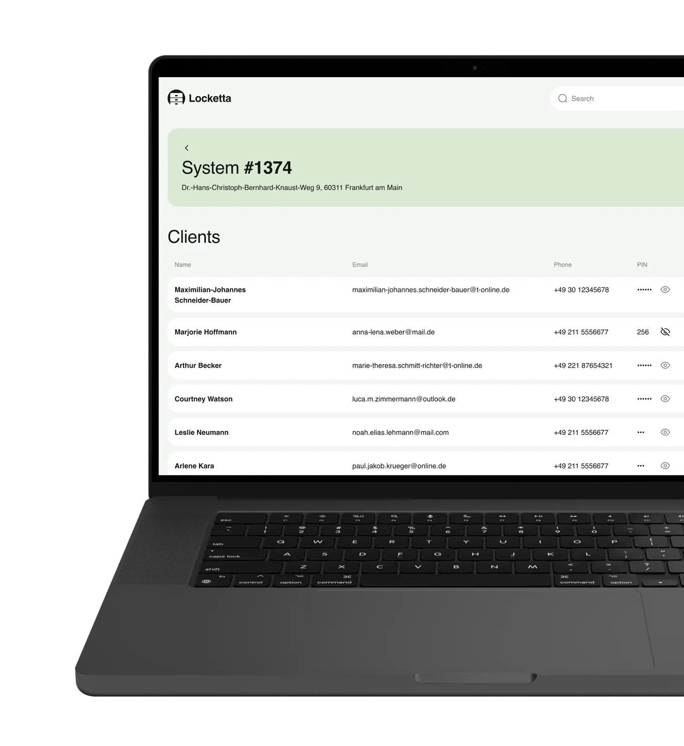 Laptop showing the admin clients table for managing locker access.