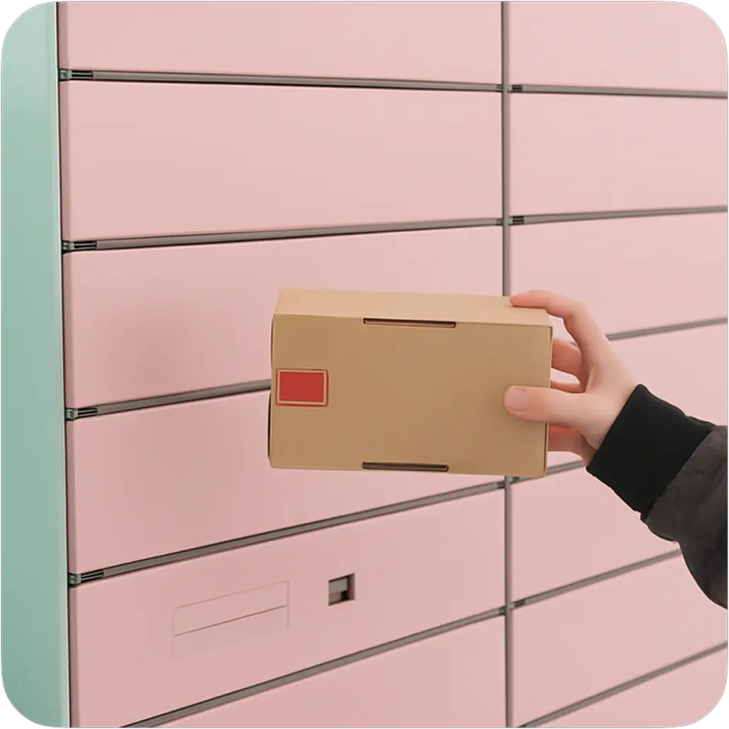 Hand holding a parcel in front of a wall of pink parcel lockers.