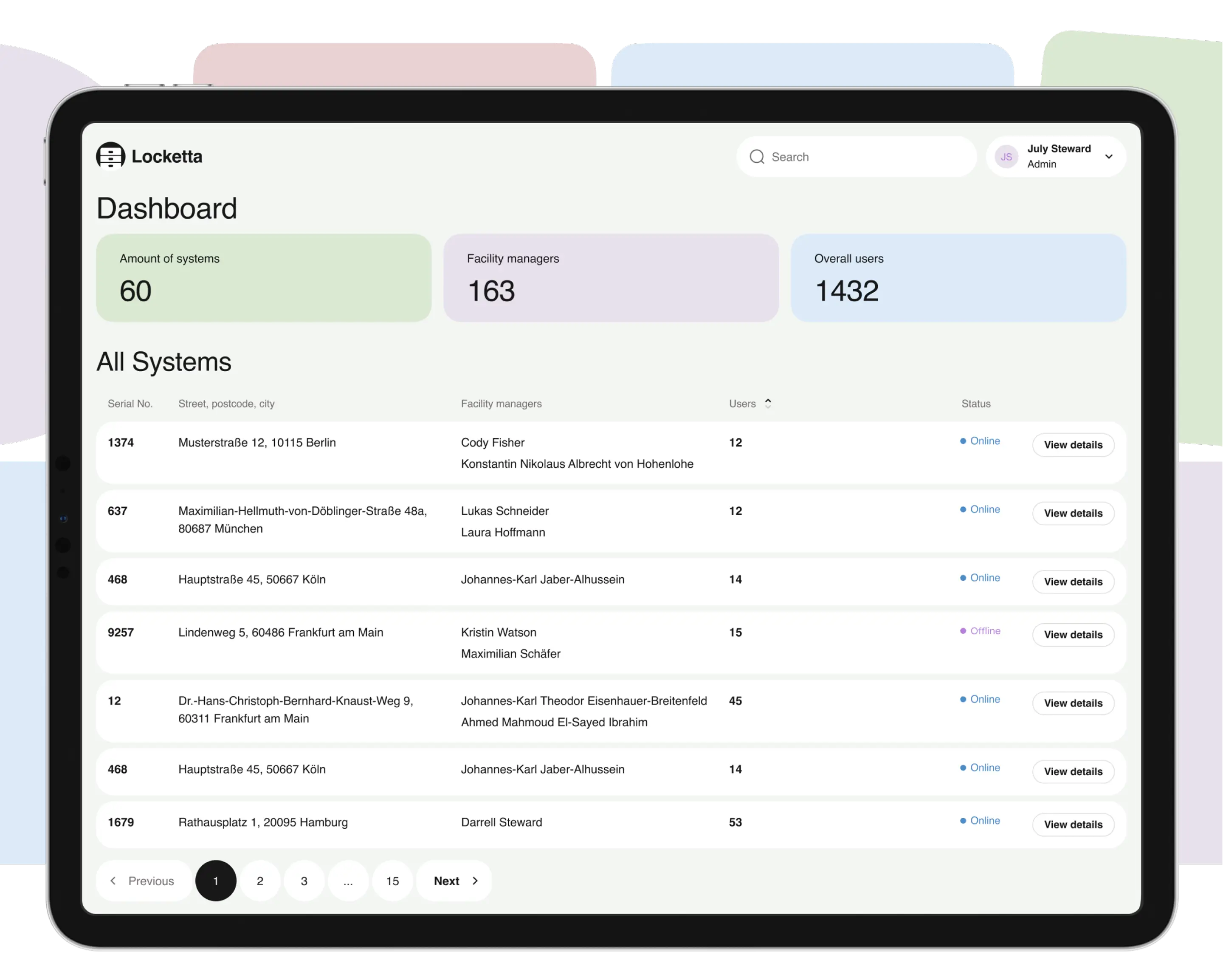 Tablet showing the admin dashboard with the All Systems locker management table.