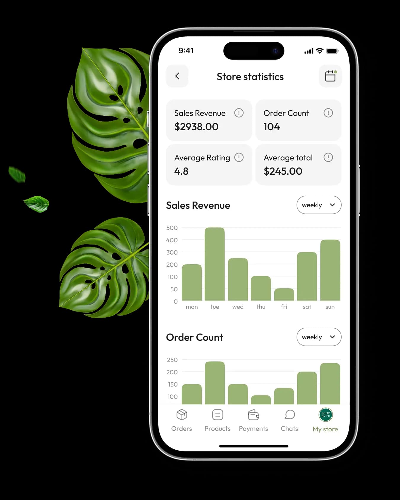 Phone showing the store statistics dashboard with sales revenue, order count, and rating bar charts for sellers.