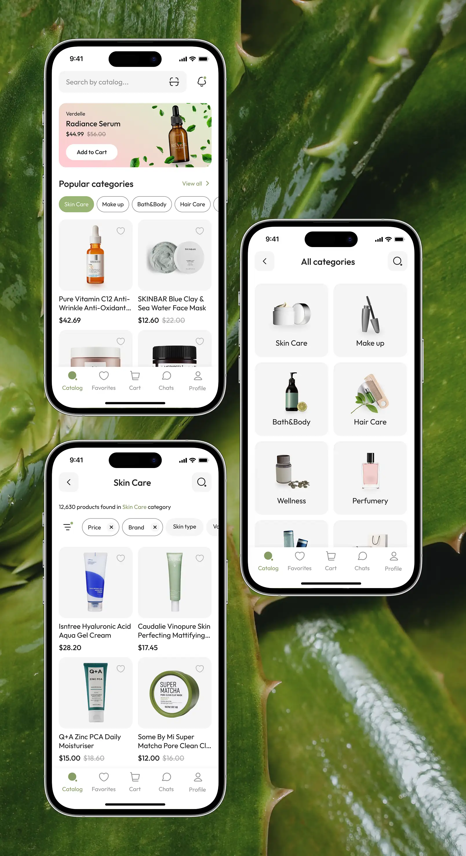 Three phones showing the eco cosmetics catalog home screen, the full category list, and a category product feed.