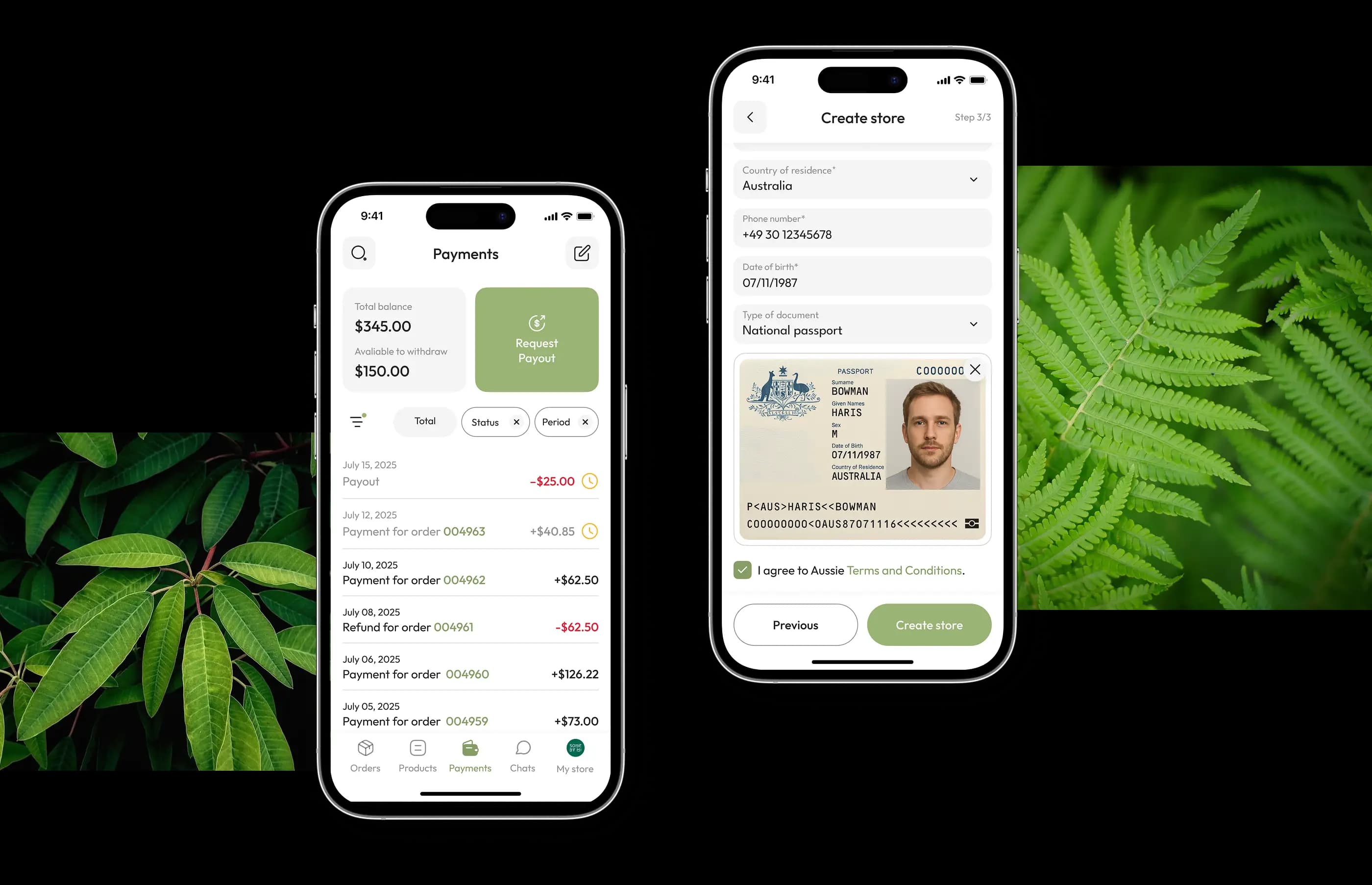 Two phones showing the payments screen and a seller identity verification flow with an Australian ID document.