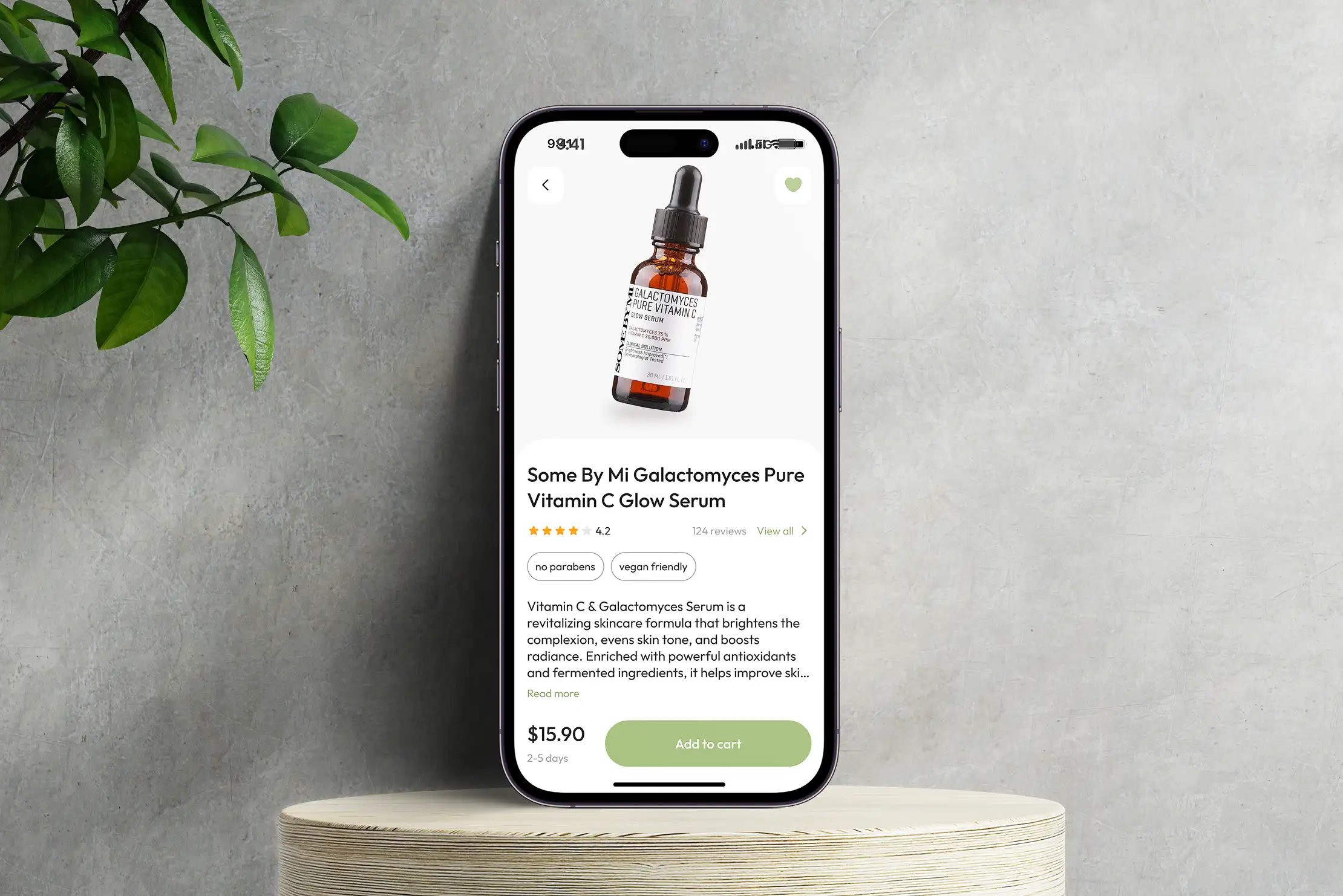 Phone showing a vitamin C glow serum product detail page with rating, price, and add-to-cart button.