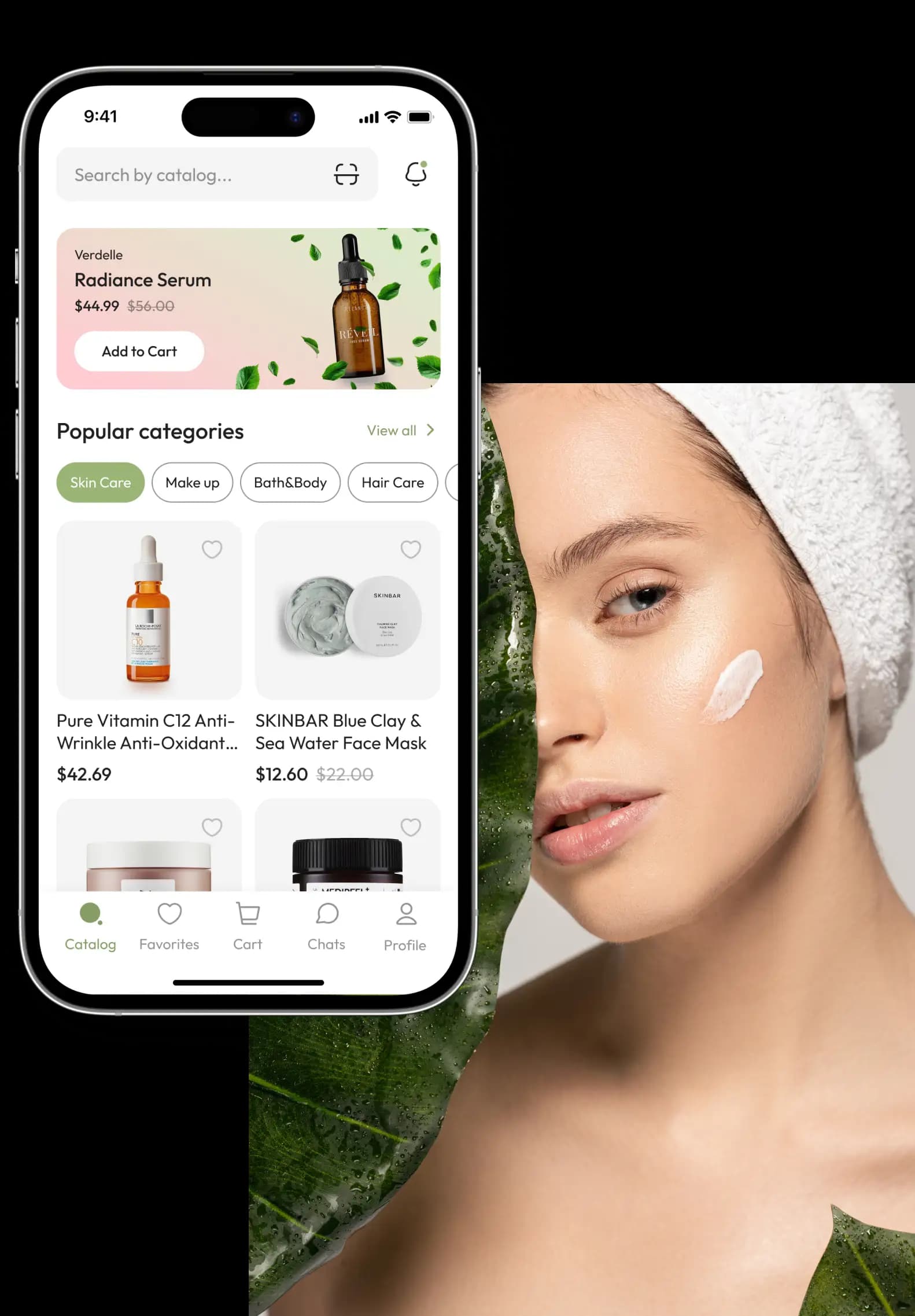 Phone showing the catalog home screen beside a photo of a woman with a towel wrapped around her hair against a green leaf.