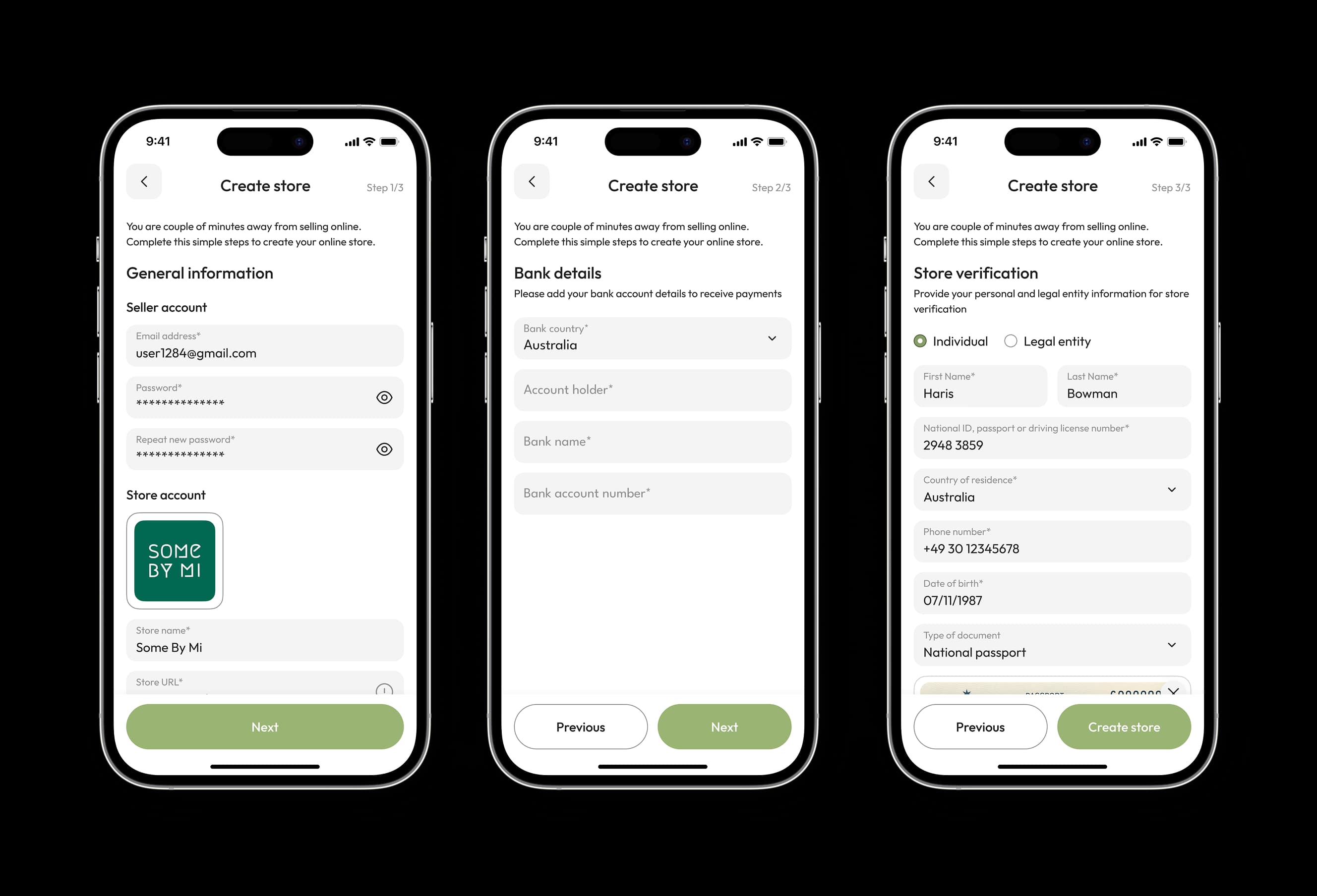 Three phones showing the seller create-store onboarding screens for opening a shop in the app.