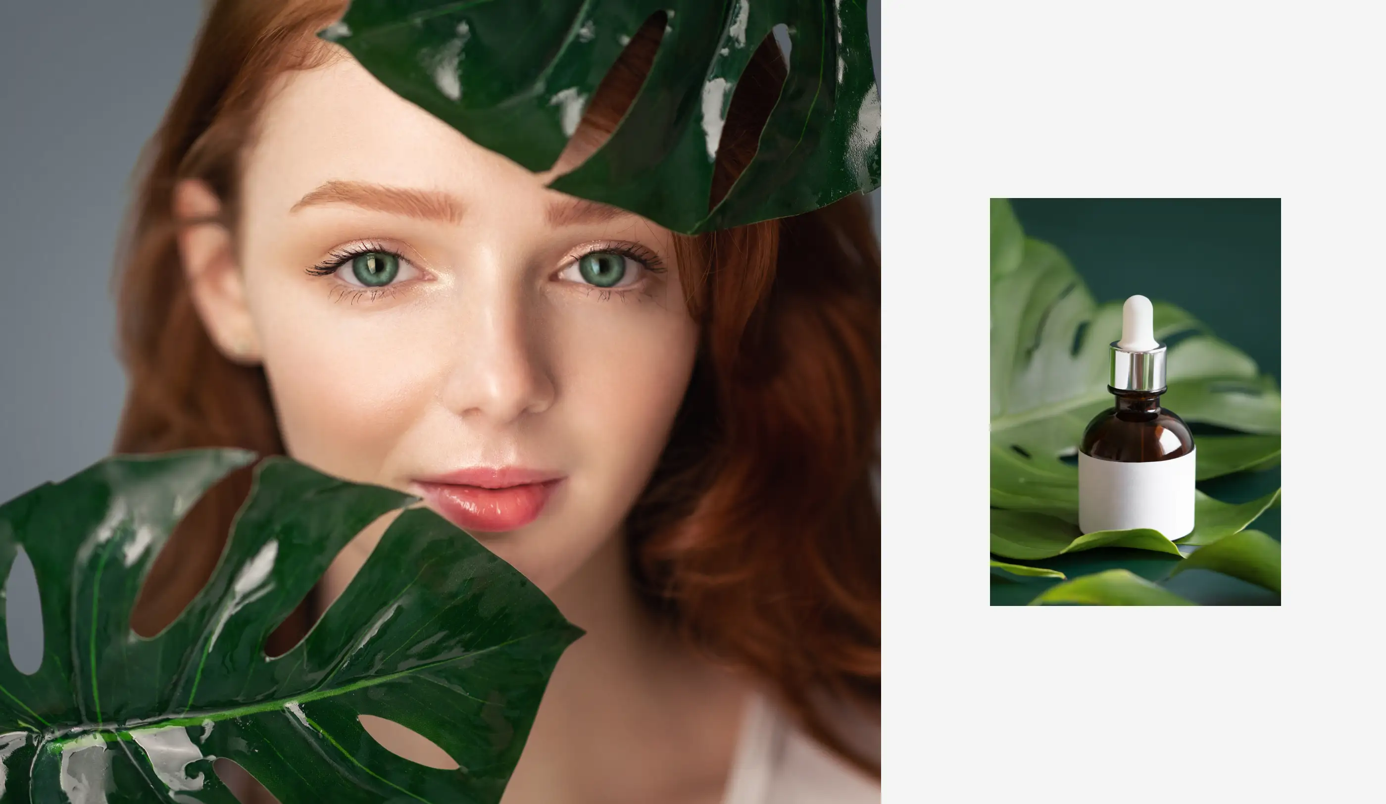Woman peering through monstera leaves beside an amber cosmetic dropper bottle resting on a leaf.