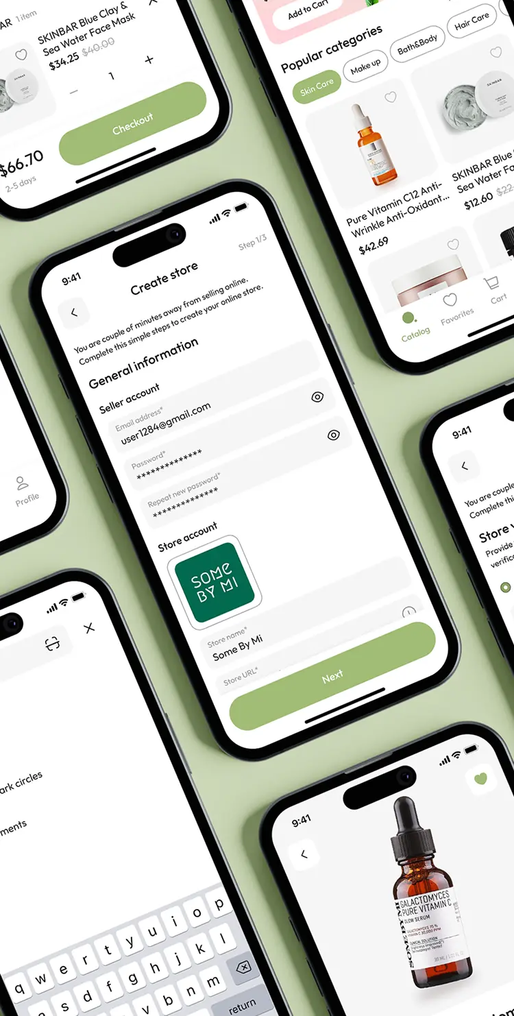 Scattered collage of many app screens showcasing the finished eco cosmetics marketplace interface.