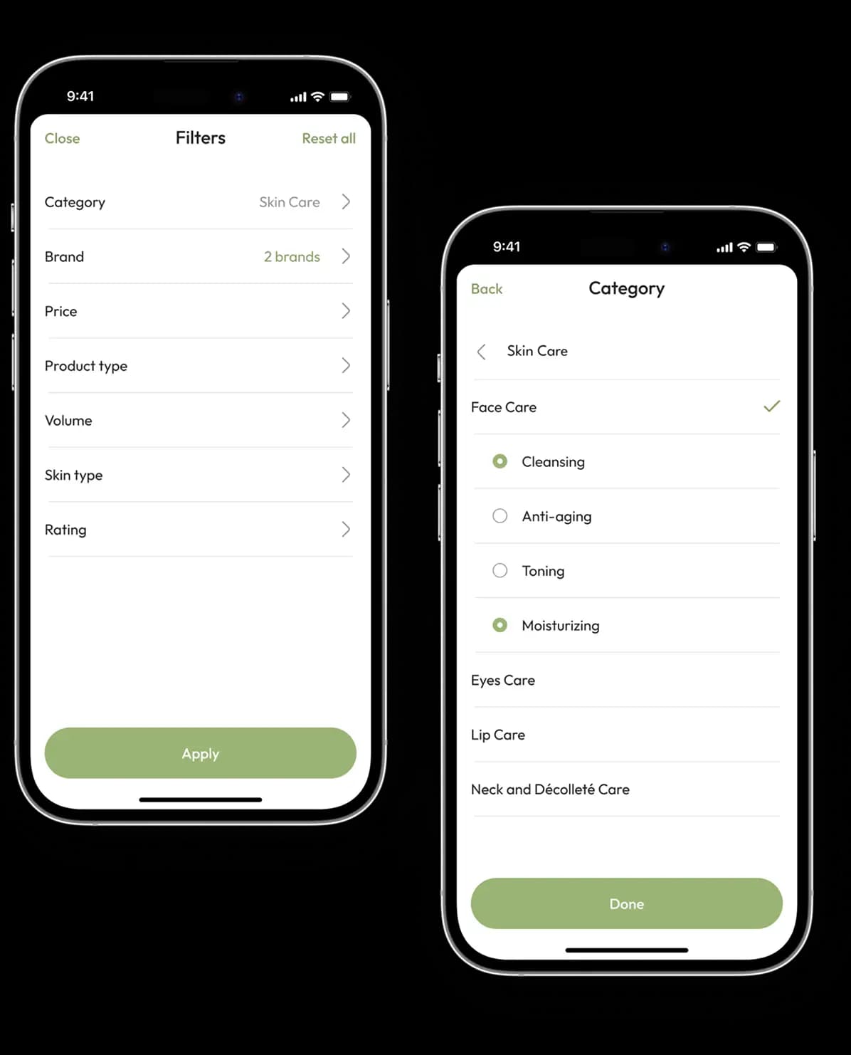 Two phone screens showing the product filters panel with brand, price, skin type and rating, and the care category picker.