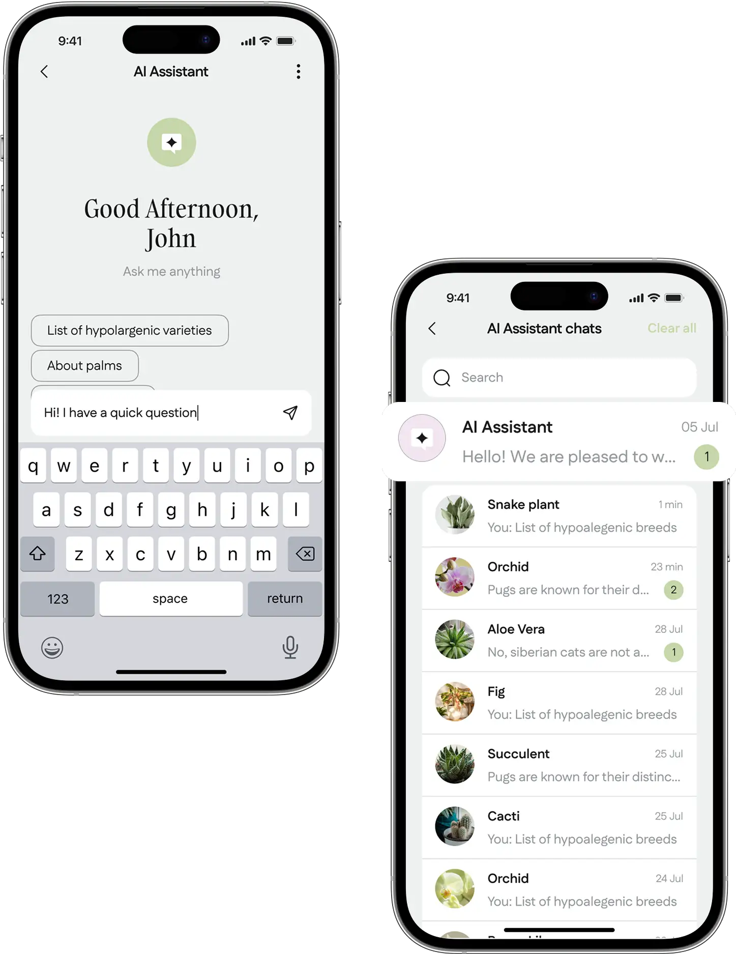 Phone screens showing the AI assistant welcome and its pinned chat list.