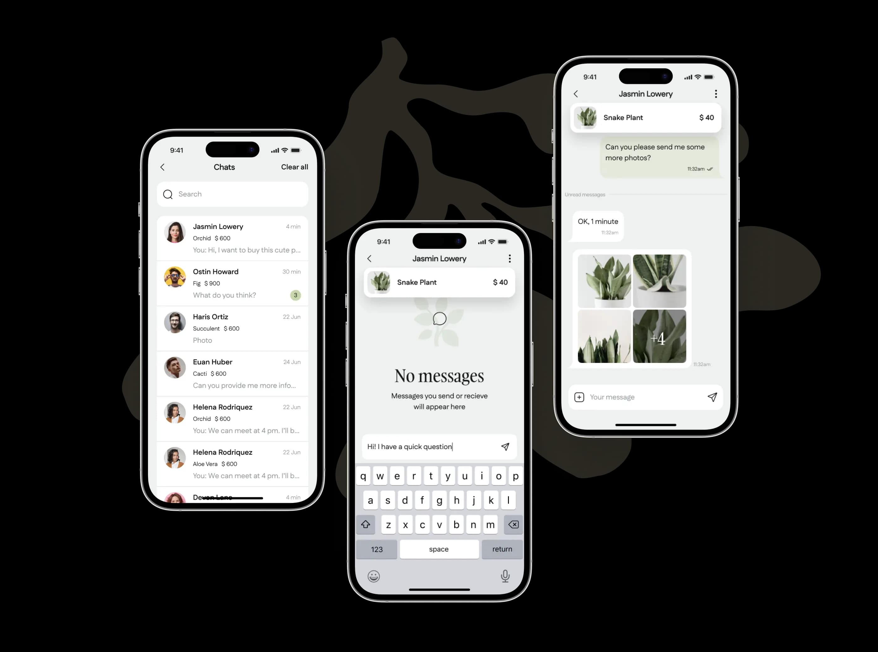 Three phone screens showing buyer-seller chat over a plant listing in the app.