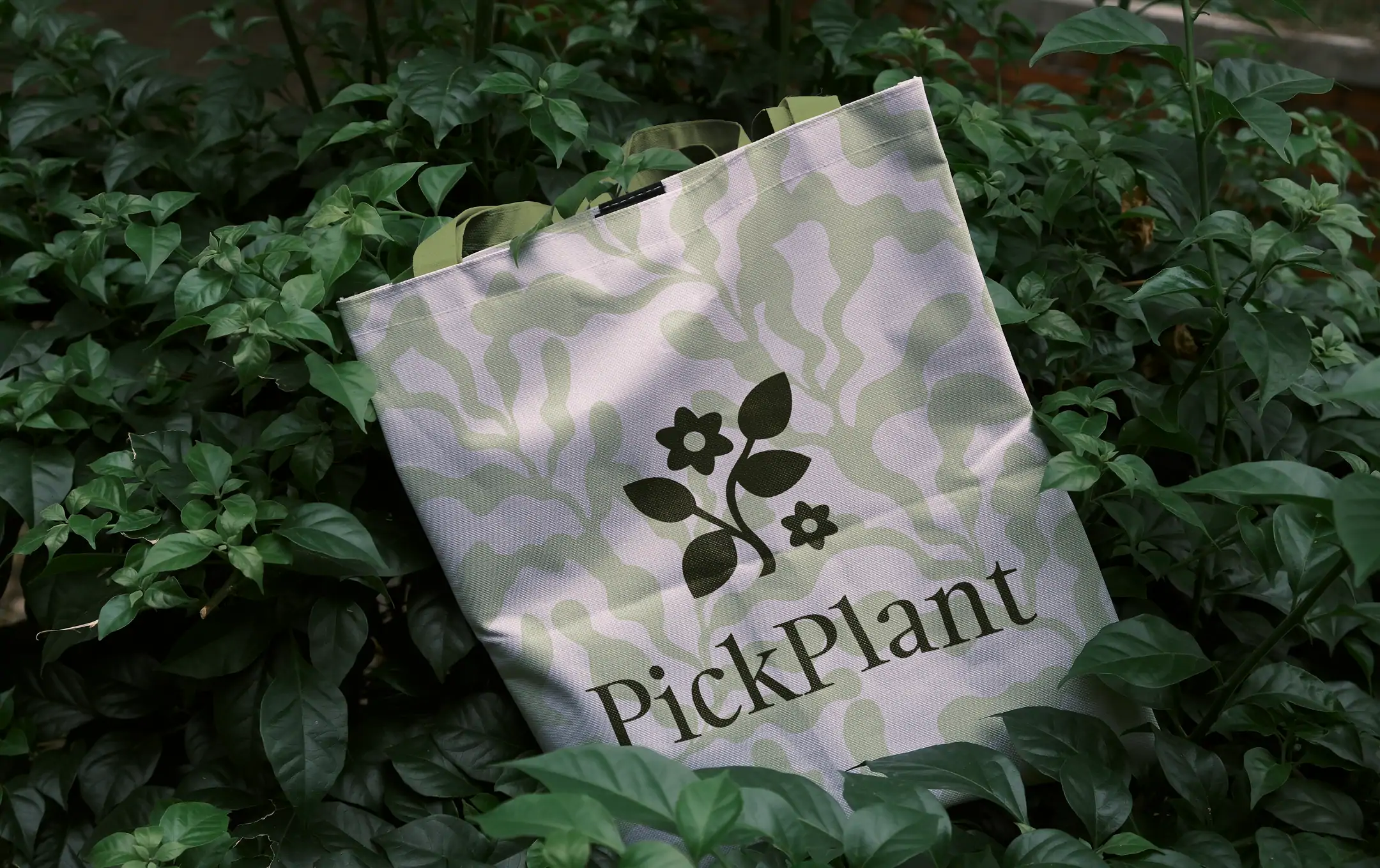 Branded plant marketplace tote bag lying among green foliage.