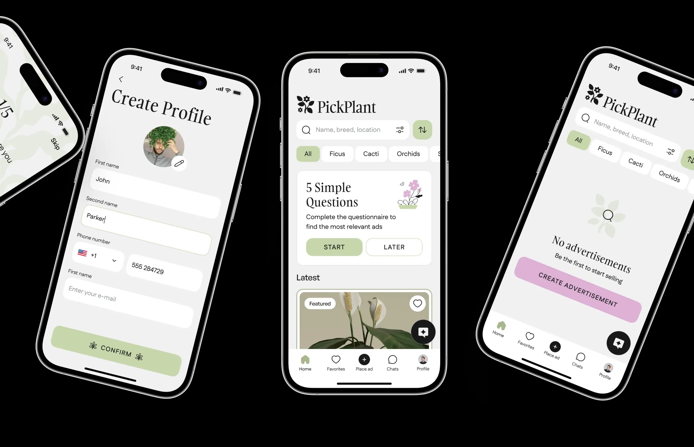 Phone screens of the plant marketplace app on a dark background.