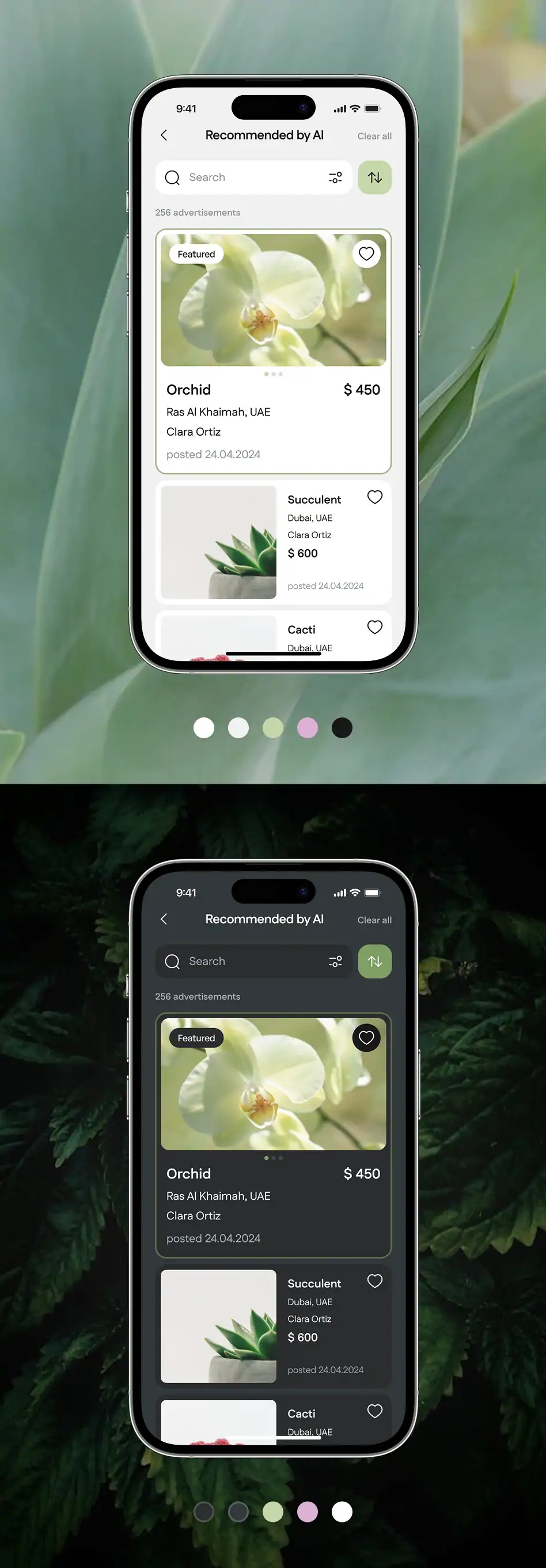 Plant marketplace app screens shown side by side in light and dark modes.