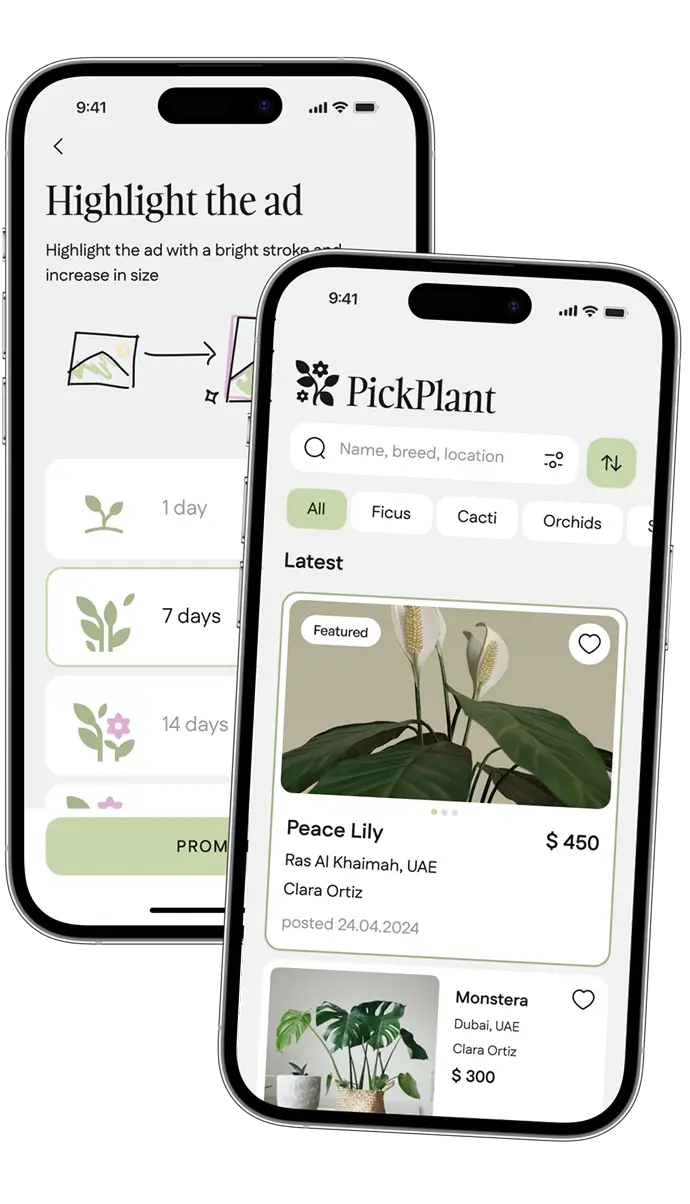Phone screens for choosing how long to highlight a plant ad, and the highlighted listing in the feed.