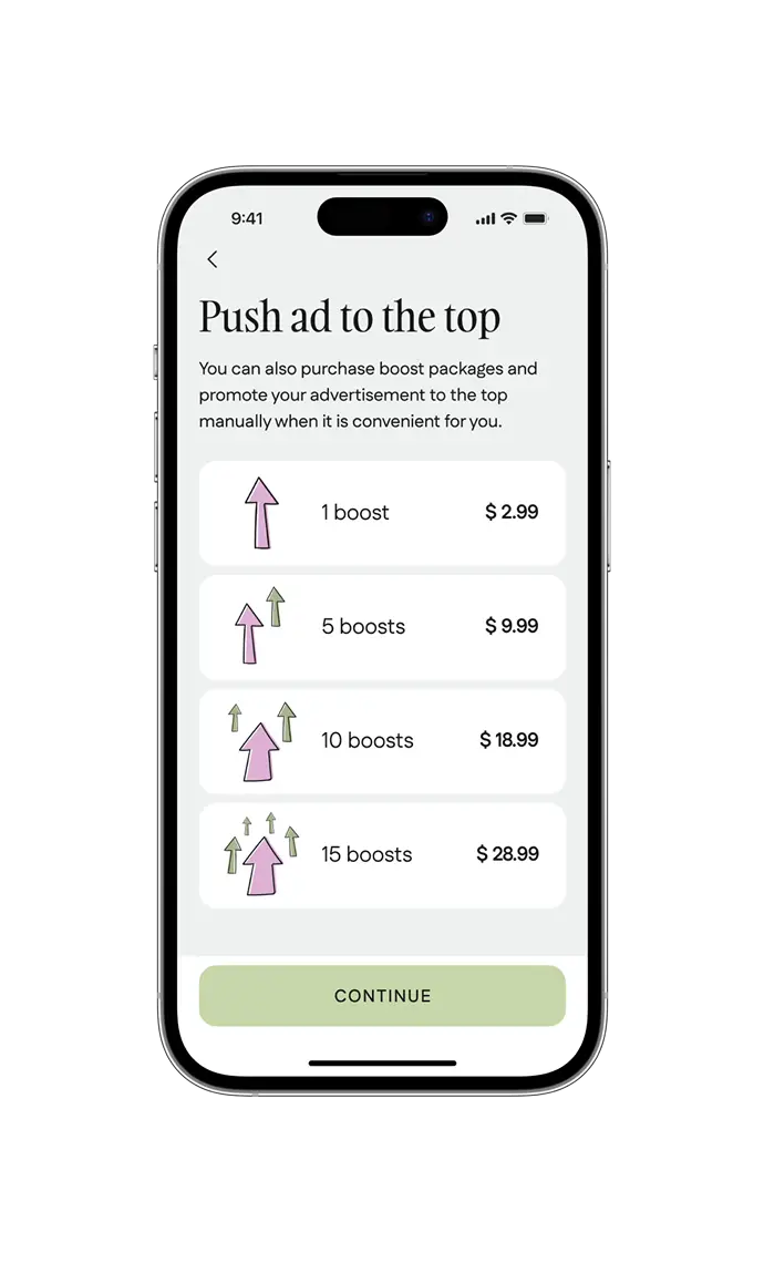 Phone screen for buying boost packages to push a plant ad to the top.