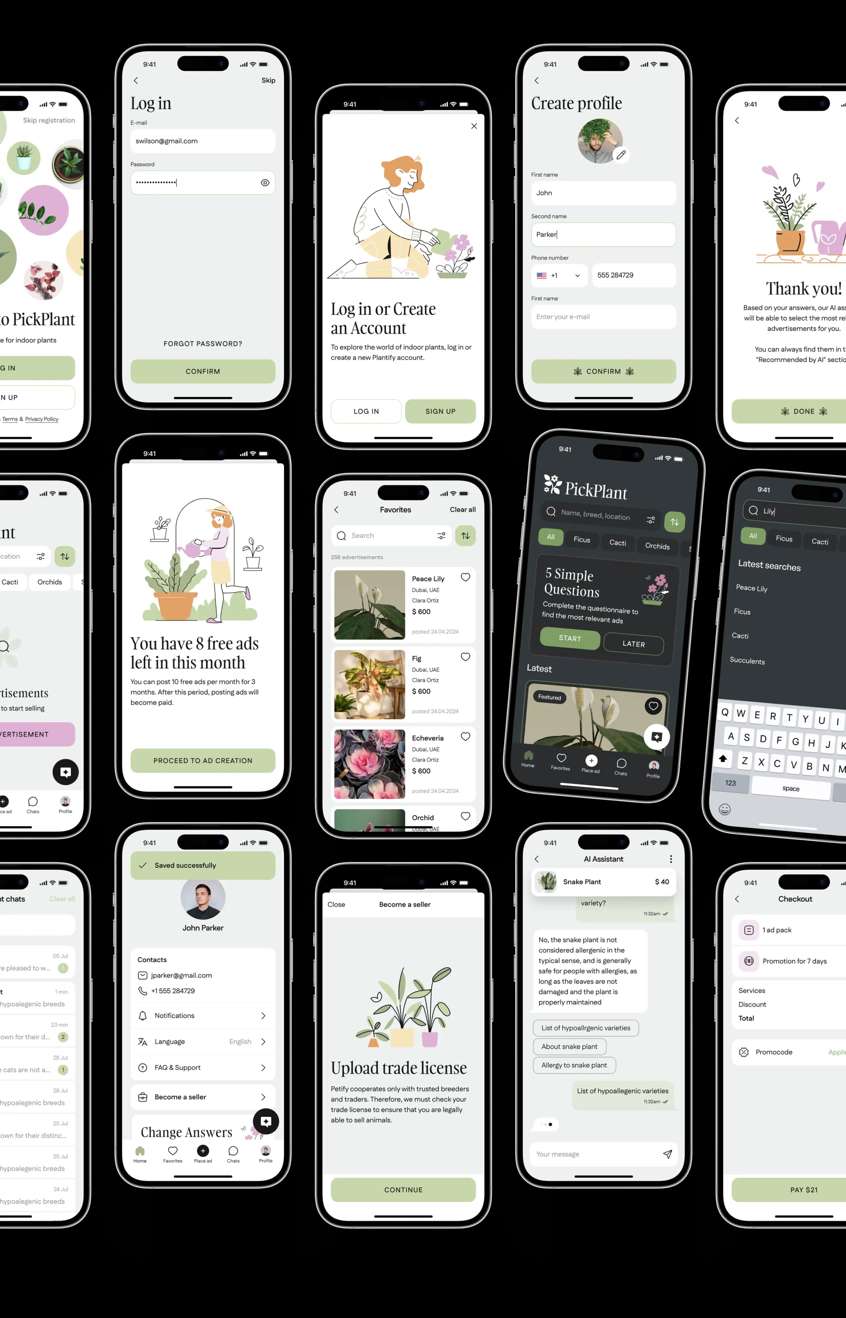 Phone screens showcasing the finished plant marketplace app interface.